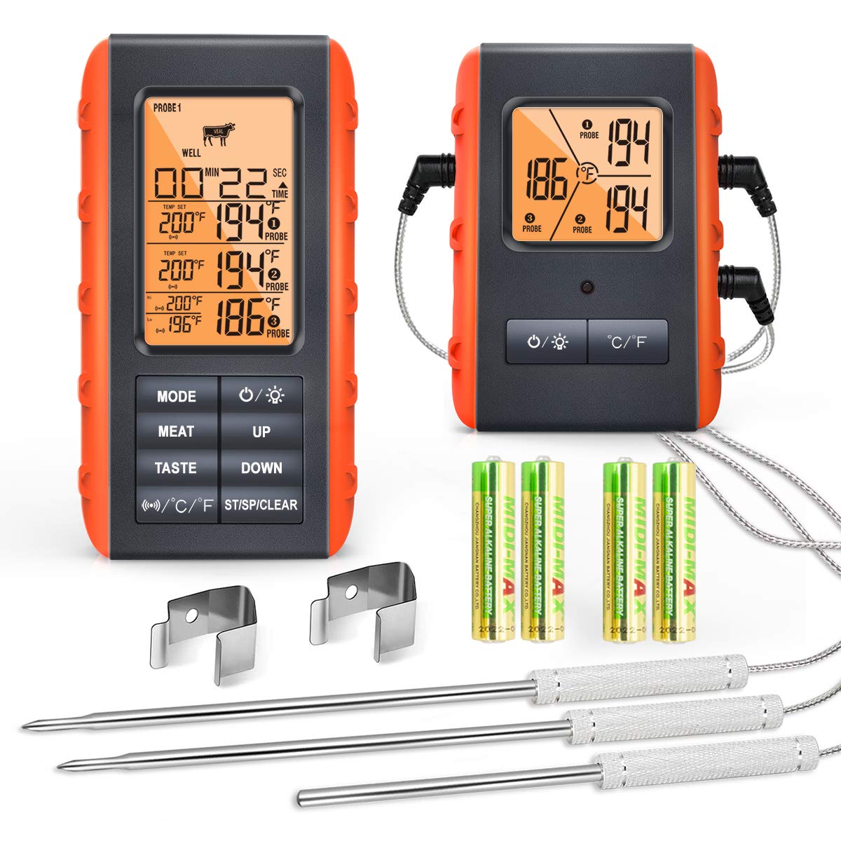 Wireless Meat Thermometer For Grilling Smoking - Kitchen Food Cooking Candy Thermometer With 3 Probes - Monitor Ambient Temperat