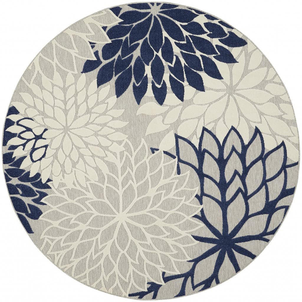 HomeRoots Ivory/Navy 100% Polypropylene 8’ Round Ivory and Navy Indoor Outdoor Area Rug