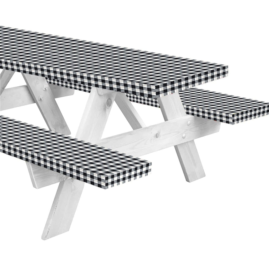 Inpro 8Ft Fitted Picnic Table Cover With Bench Covers. Outdoor Picnic Tablecloth Waterproof, Reusable Camping, Rv Accessories And Travel Essentials. Black Checkered Vinyl Tablecloth With Elastic Edges