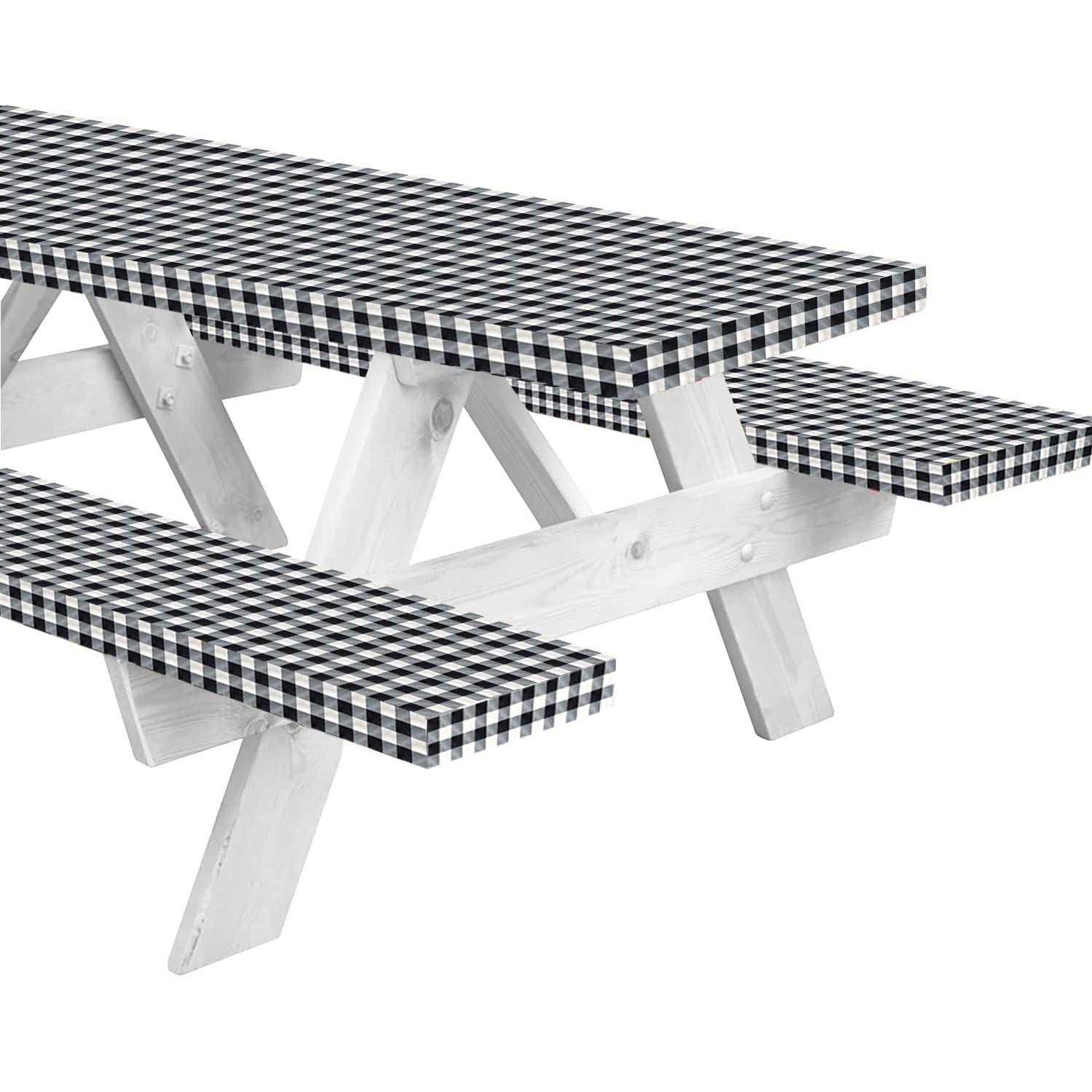 Inpro 8Ft Fitted Picnic Table Cover With Bench Covers. Outdoor Picnic Tablecloth Waterproof, Reusable Camping, Rv Accessories And Travel Essentials. Black Checkered Vinyl Tablecloth With Elastic Edges