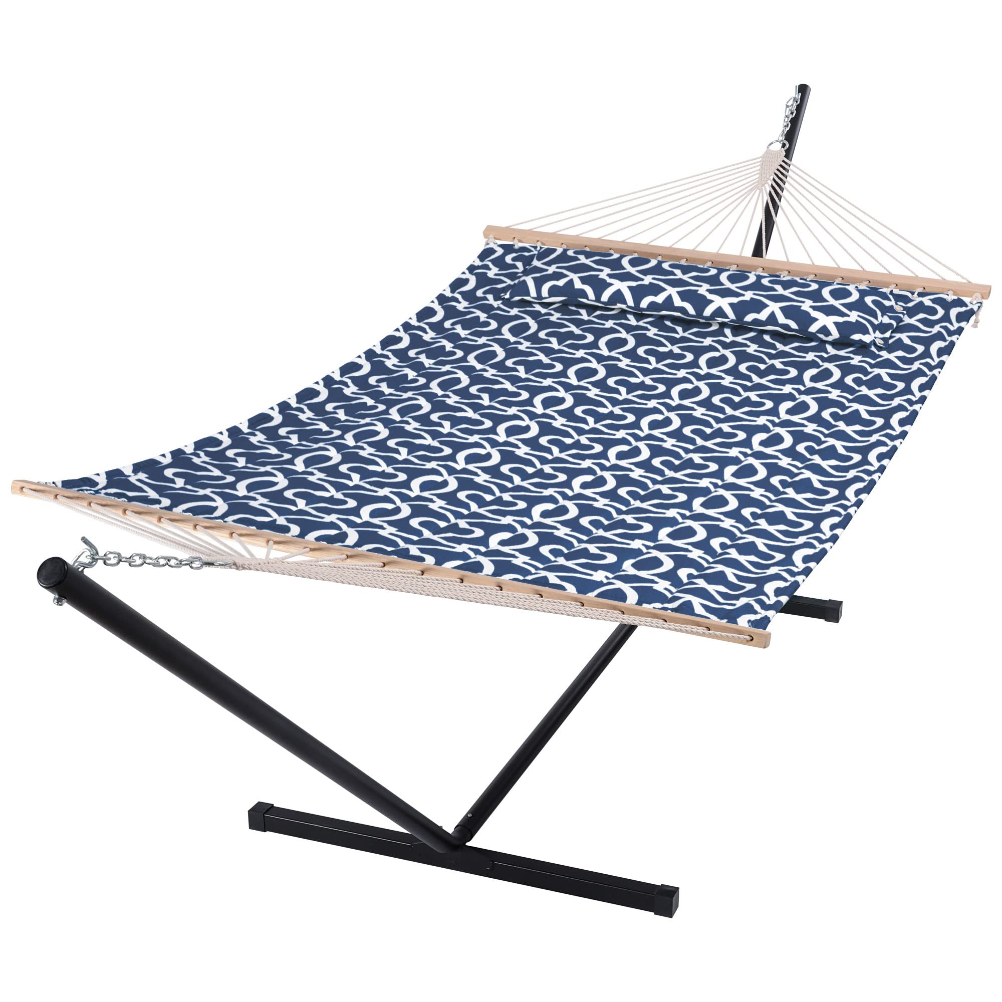Suncreat Two Person Hammock With Stand, 475 Lbs Capacity, Portable Patio Hammock With Hardwood Spreader Bar, Large Soft Pillow, Blue Pattern