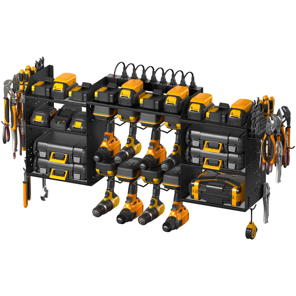 Cccei Black Large Tools Organizer Wall Mount Charging Station, 39 Inch Long Power Tool Battery Storage Rack With 6Ft Power Strip. 8 Drill Holder, Garage Utility Shelves. Pegboard Hanging Extension.