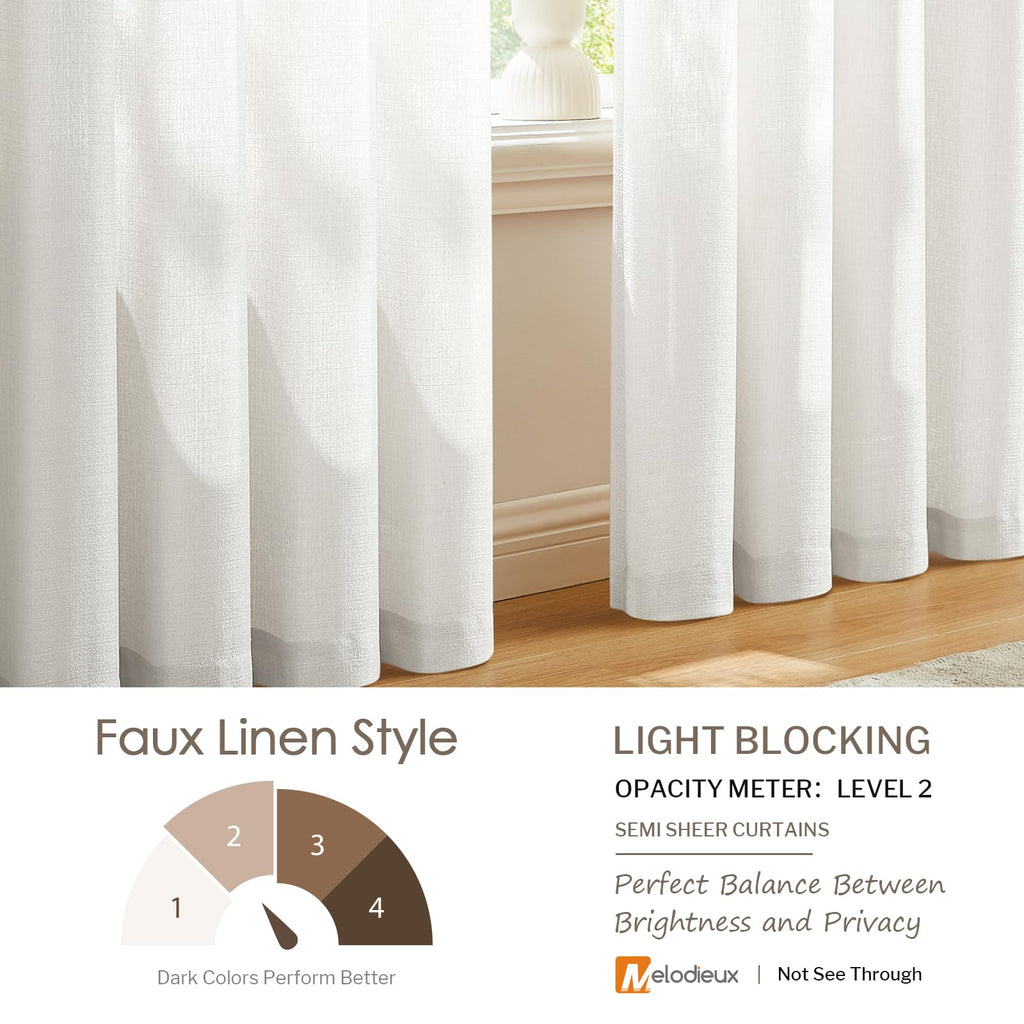 Melodieux Ivory Semi Sheer Curtains 45 Inch Length For Bedroom Kitchen Small Windows, Linen Look Rod Pocket Privacy Sheer Drapes