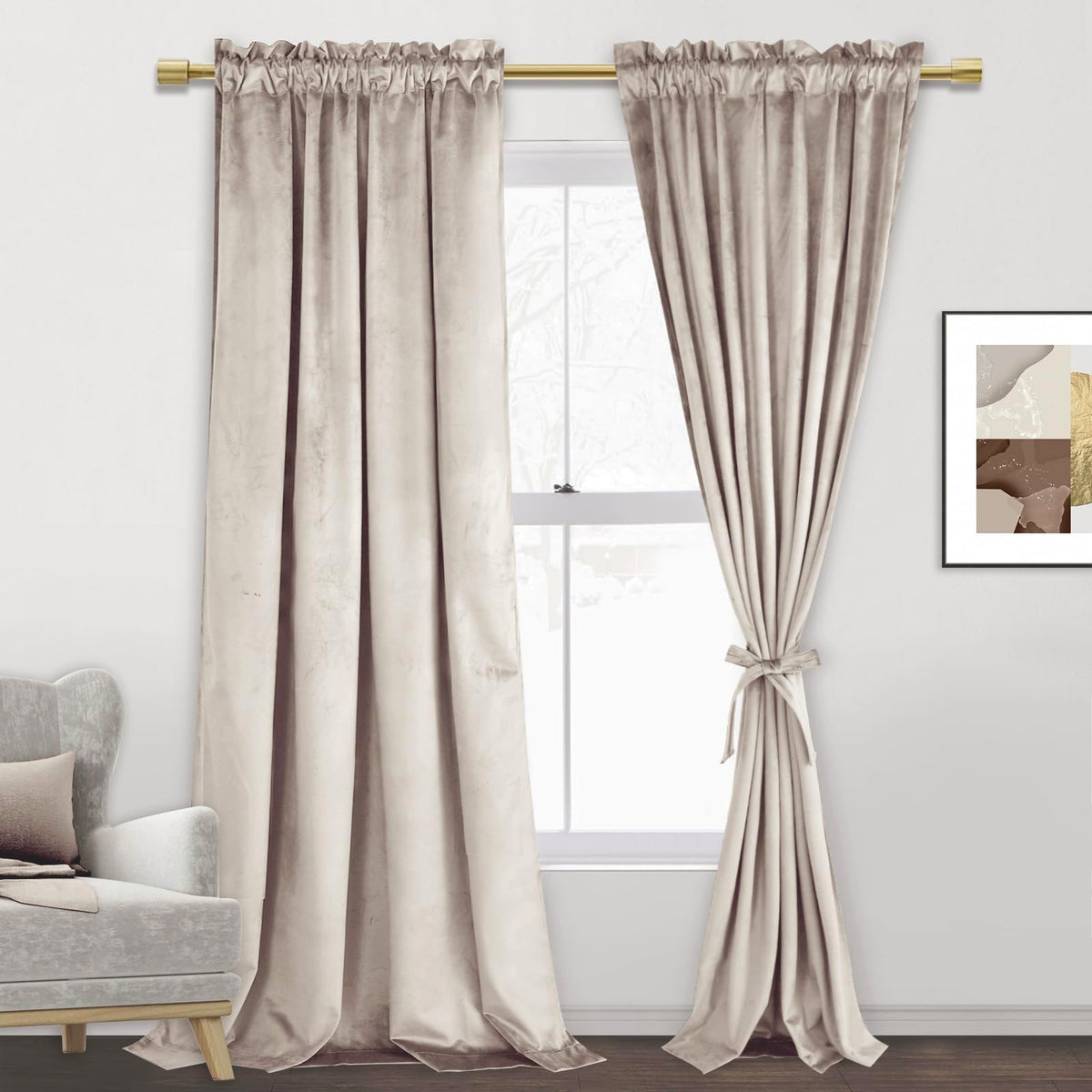Jiuzhen Beige Velvet Curtains 120 Inches For Living Room - Privacy Protect Room Darkening Rod Pocket Thick Velvet Window Drapes