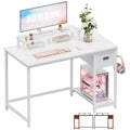 Pamray 39 Inch Computer Desk With Monitor Stand Small Home Office Desks With Non-Woven Storage Drawer For Bedroom Study Table Writing And Work Desk White,White Leg