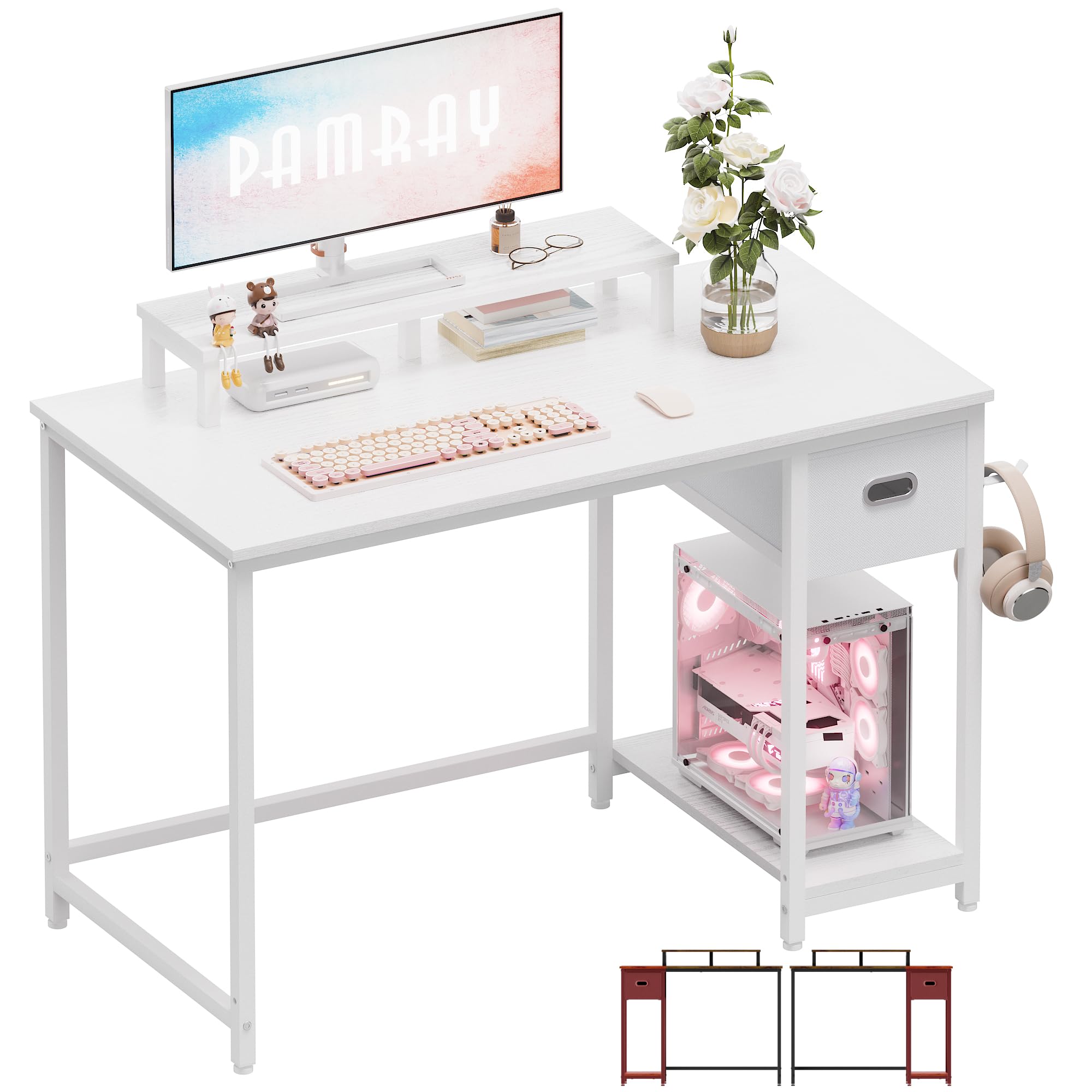 Pamray 39 Inch Computer Desk With Monitor Stand Small Home Office Desks With Non-Woven Storage Drawer For Bedroom Study Table Writing And Work Desk White,White Leg