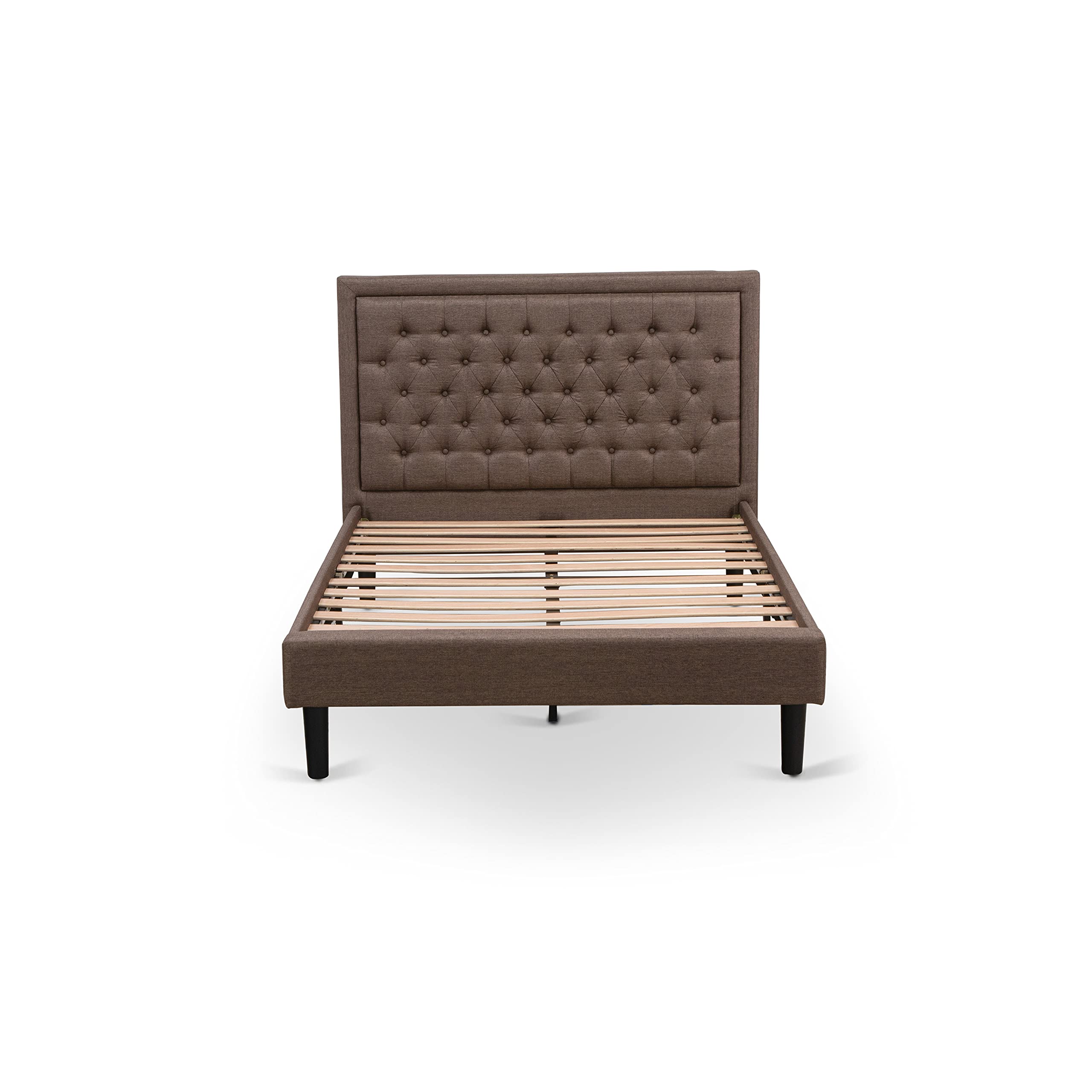 East West Furniture KDF-18-F Platform Full Bed Frame - Brown Linen Fabric Upholstered Bed Headboard with Button Tufted Trim Design - Black Legs