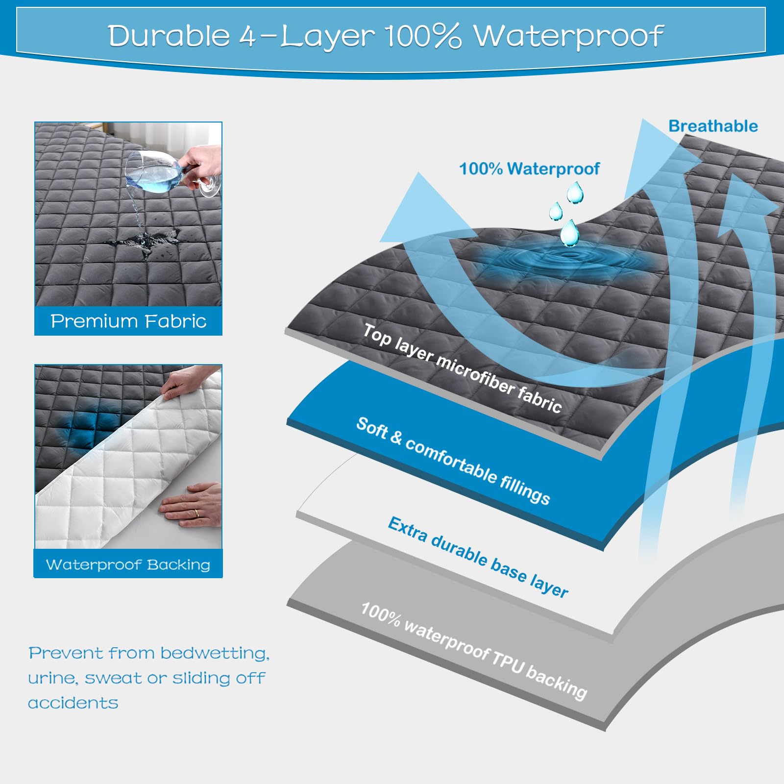 Grt Queen Size Grey Quilted Fitted Mattress Pad, 100% Waterproof Breathable Mattress Protector, Noiseless Hollow Cotton Mattress