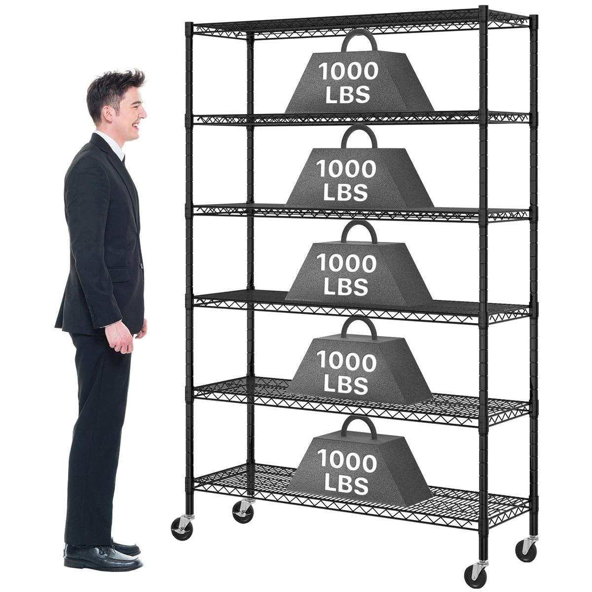Dkeli Metal Shelves Garage Shelving Wire Shelving Unit With Wheels, 6000Lbs Weight Capacity Heavy Duty Nsf Height Adjustable Storage Shelves 6 Tier Steel Commercial Grade Wire Rack, Black