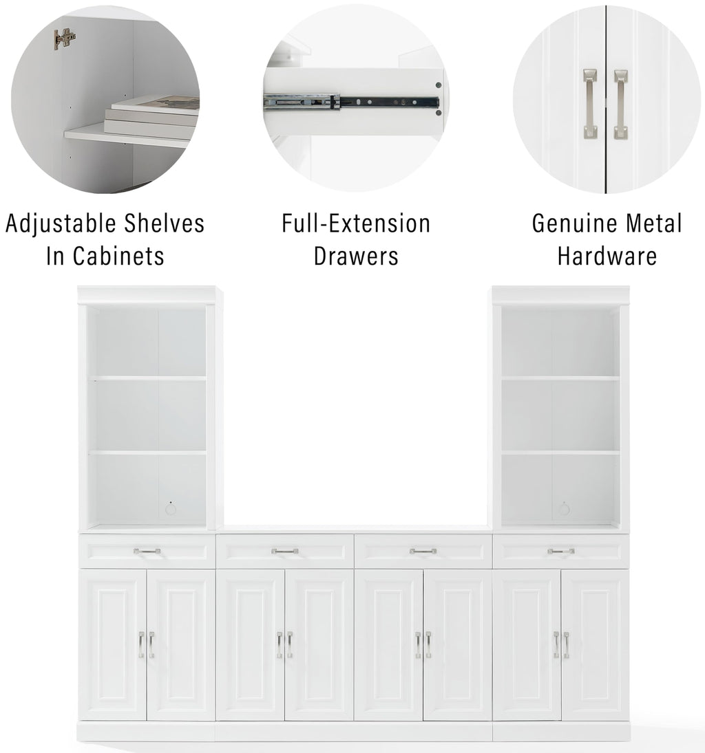 Crosley Furniture Stanton 3-Piece Sideboard and Storage Bookcase Set, Bookshelf Cabinet with Buffet, White
