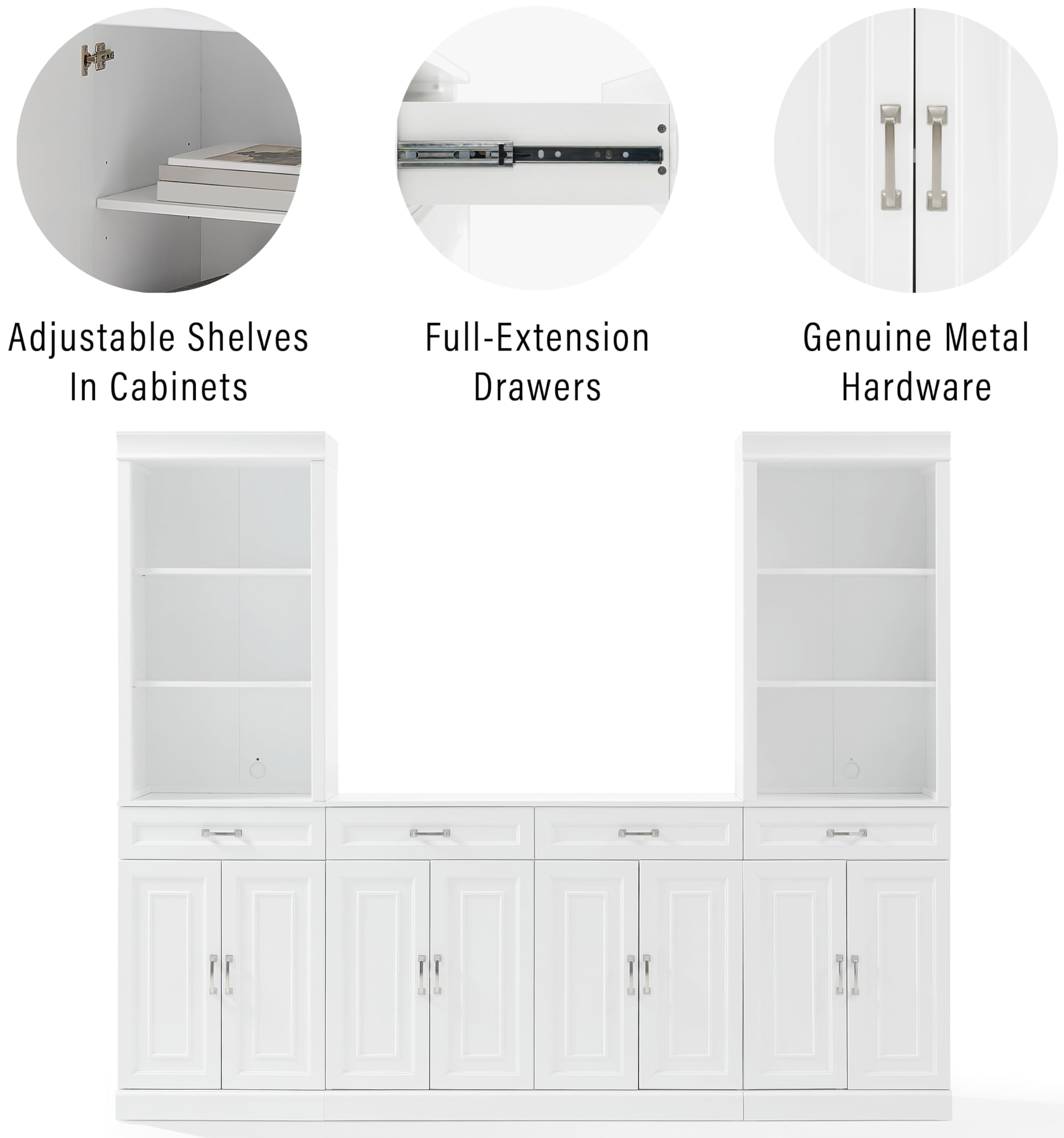 Crosley Furniture Stanton 3-Piece Sideboard and Storage Bookcase Set, Bookshelf Cabinet with Buffet, White