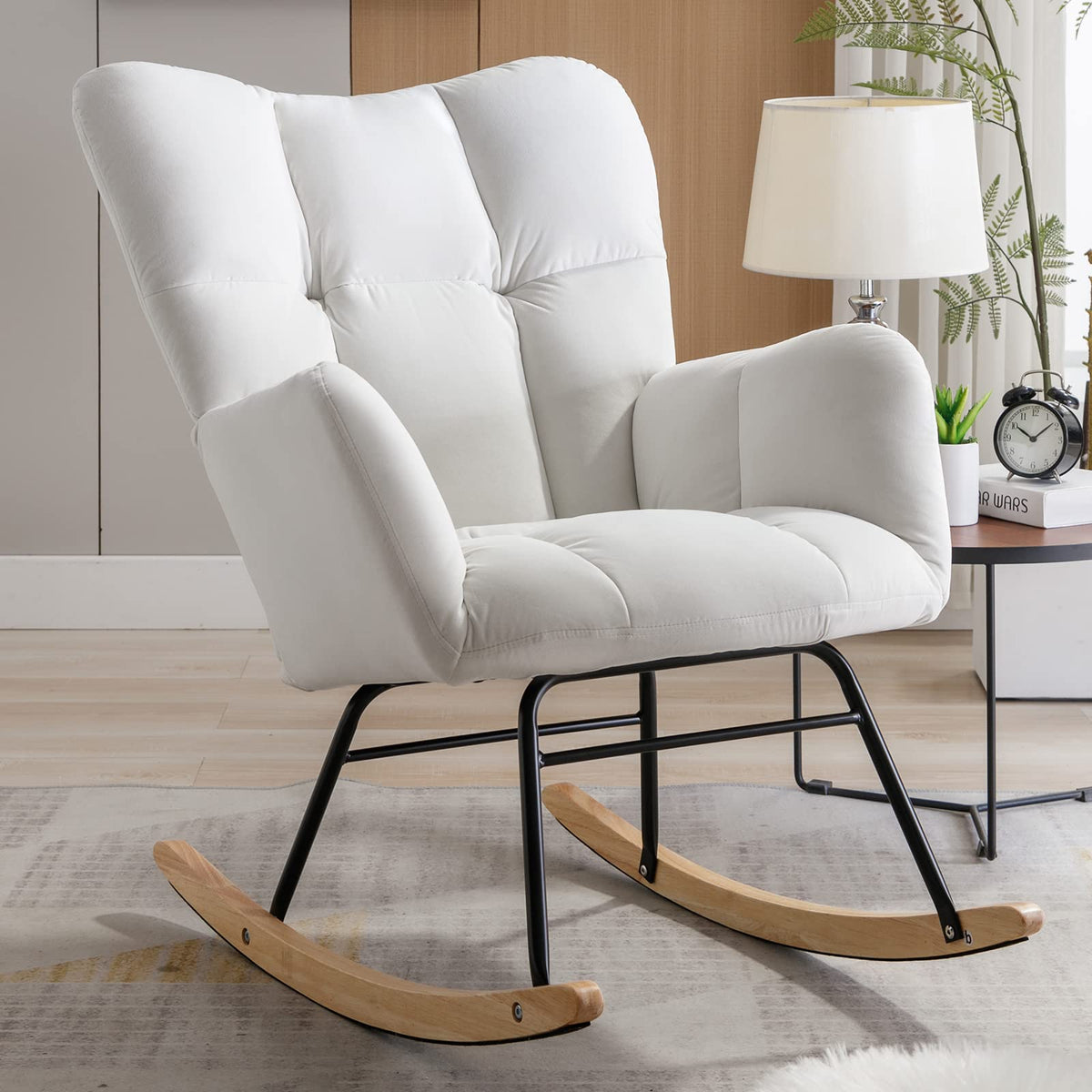 Nioiikit Nursery Rocking Chair Velvet Upholstered Glider Rocker Rocking Accent Chair Padded Seat With High Backrest Armchair Comfy Side Chair For Living Room Bedroom Offices (White Velvet)
