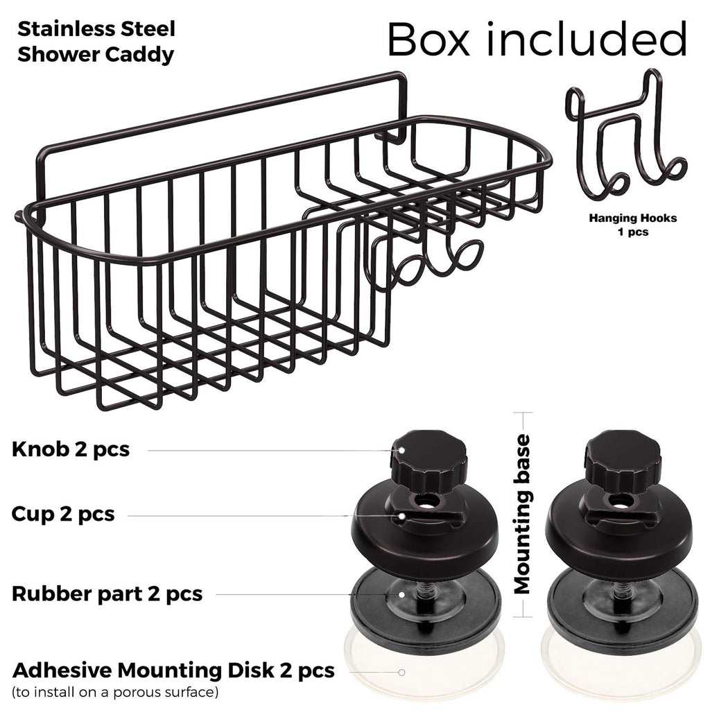 Hasko Accessories Shower Caddy Suction Cup - Wall Mounted Bathroom Shelf With Hooks - Suction Shower Basket - Shower Shelf For B