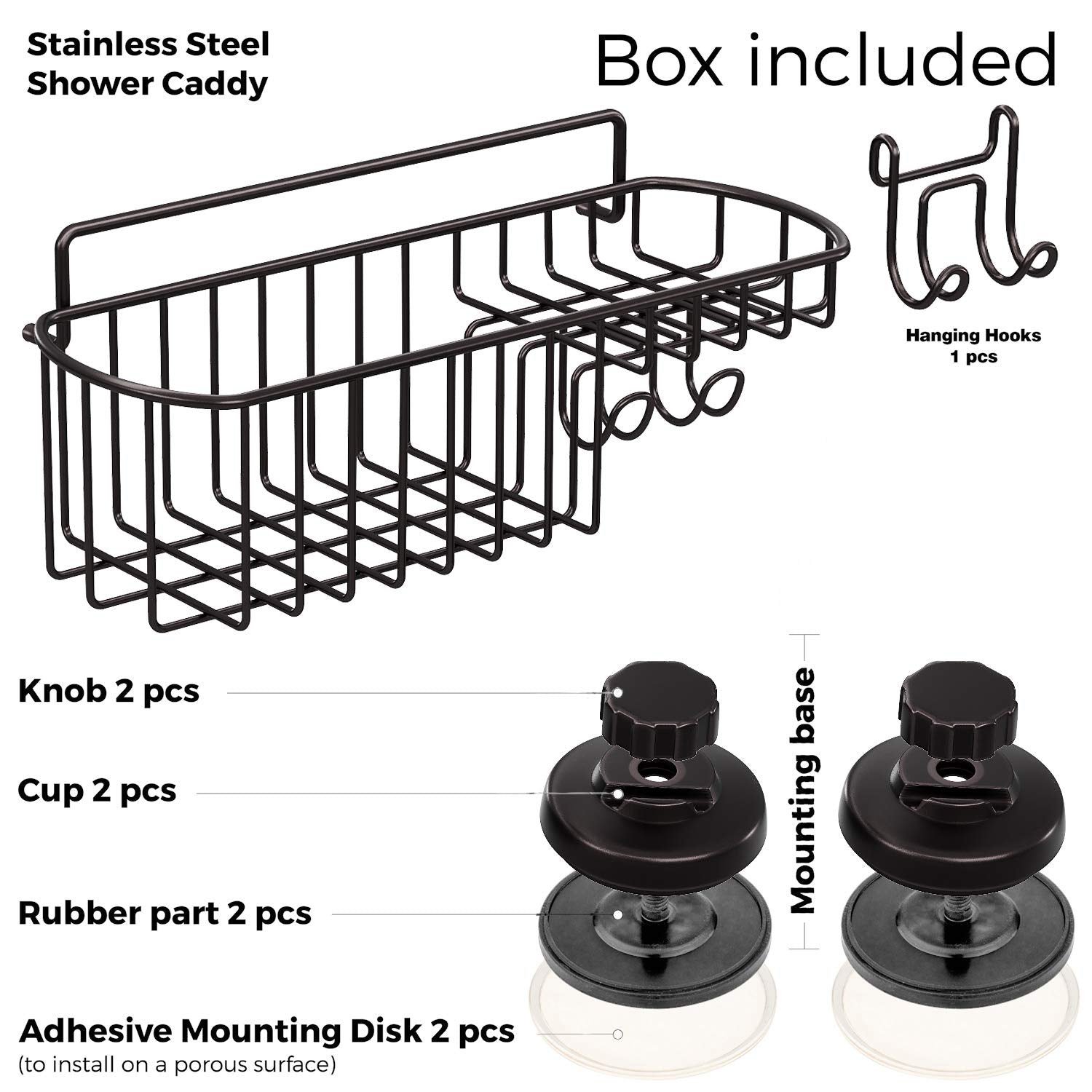 Hasko Accessories Shower Caddy Suction Cup - Wall Mounted Bathroom Shelf With Hooks - Suction Shower Basket - Shower Shelf For B