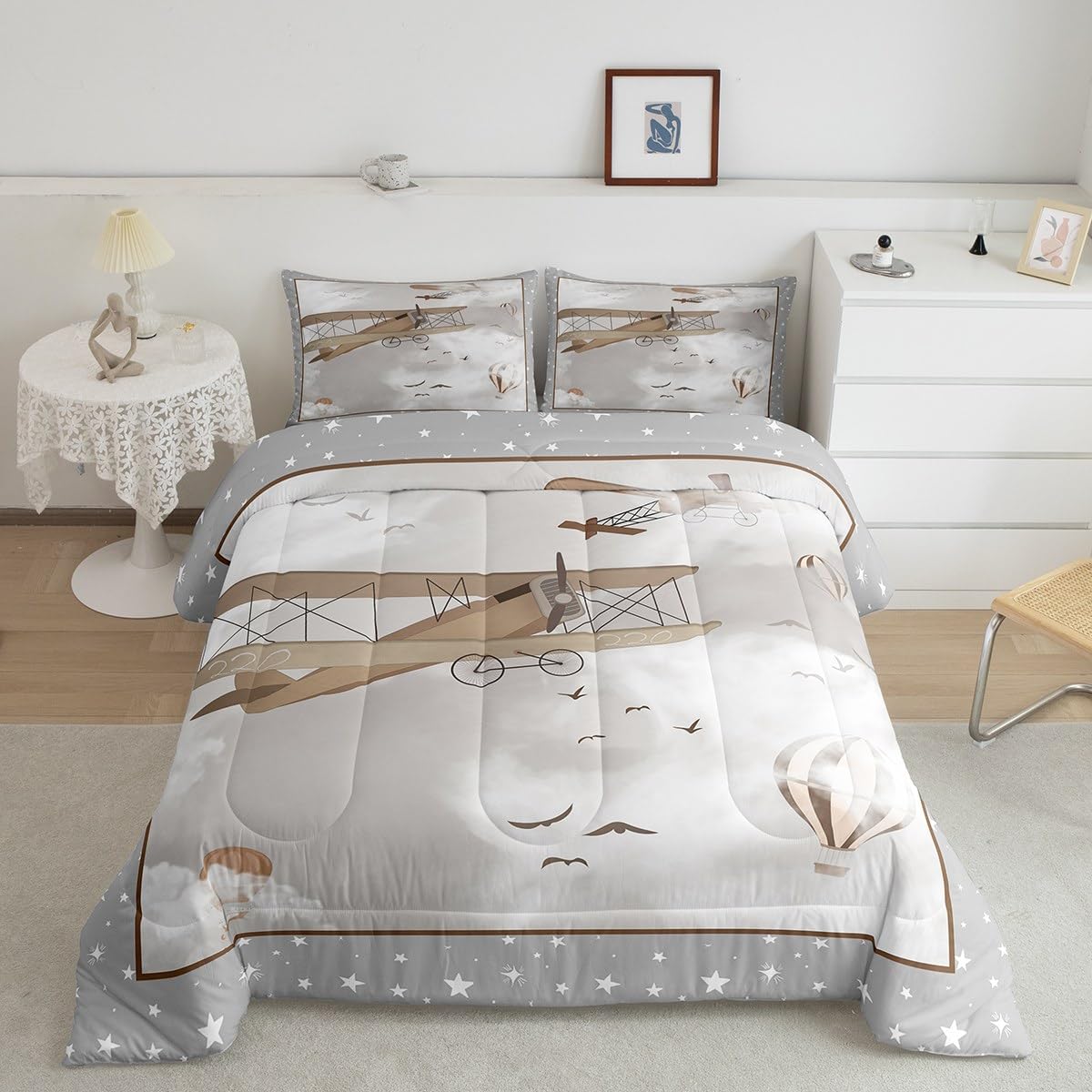 Manfei Cartoon Aircraft Kids Comforter Set Twin Size,Cute Airplanes Hot Air Balloon Bedding Set For Boys Girls Adults,Starry Sky