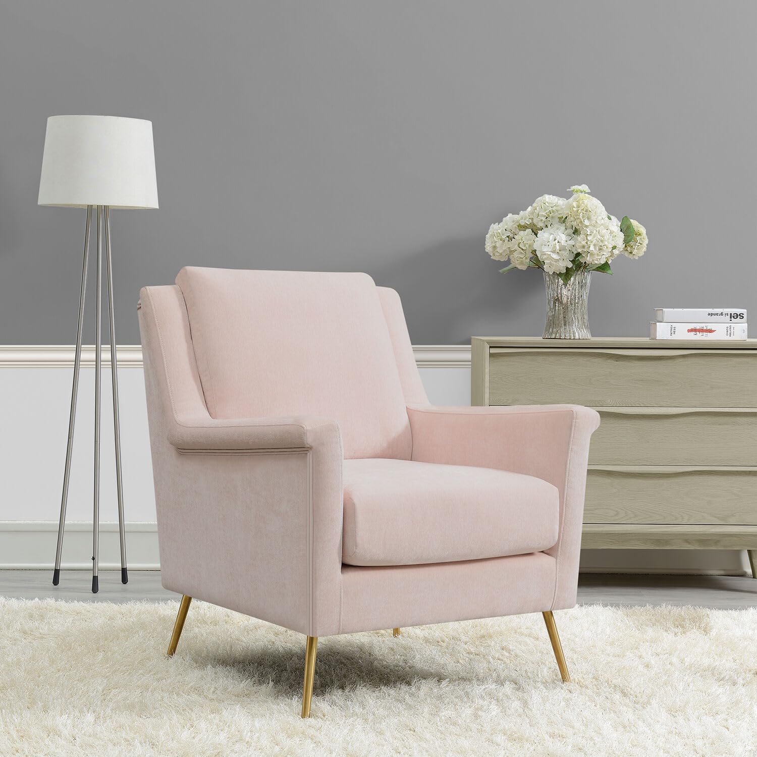 Cambridge Blossom Faux Velvet Contemporary Accent Armchair For Plush Cushioned Deep Seating In Reading Corner, Bedroom, Living Room, Nursery, And Office, Blush Pink