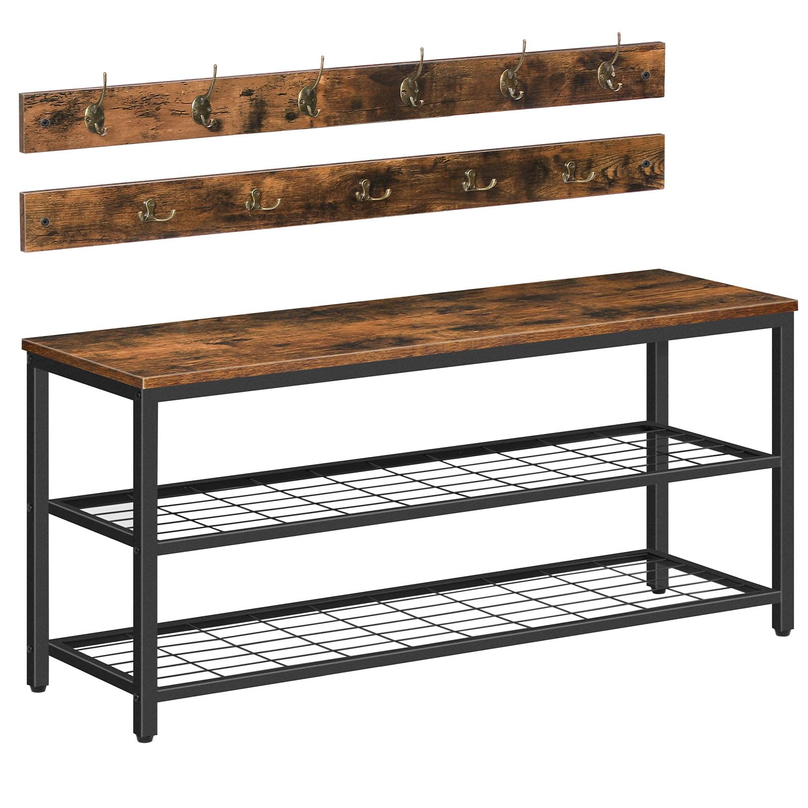 Hoobro Hall Tree With Bench, Coat Rack Shoe Bench Set, Entryway Shoe Rack Bench With Coat Hooks, Hall Tree Coat Rack, 39.4' L X 11.8' W X 18.1' H, Industrial, For Front Door, Rustic Brown Bf071Mt01G1