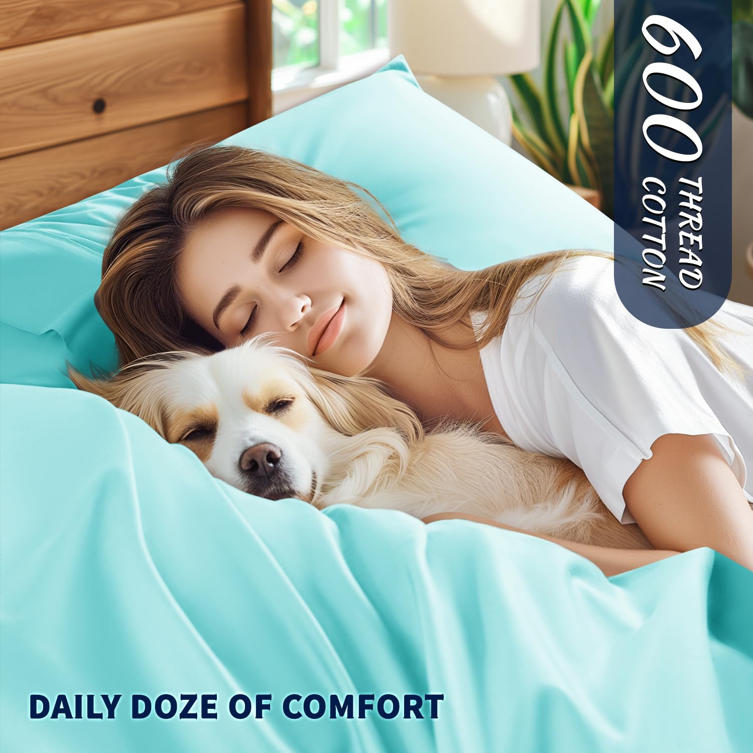Shilucheng 100% Cotton King Size Sheets Set - 600 Thread Count,Luxury Egyptian Cotton Bed Sheets,5-Star Hotel Quality Sheets, Breathable & Cooling, 16 Inch Deep Pocket - 4 Piece (Seafoam, King)