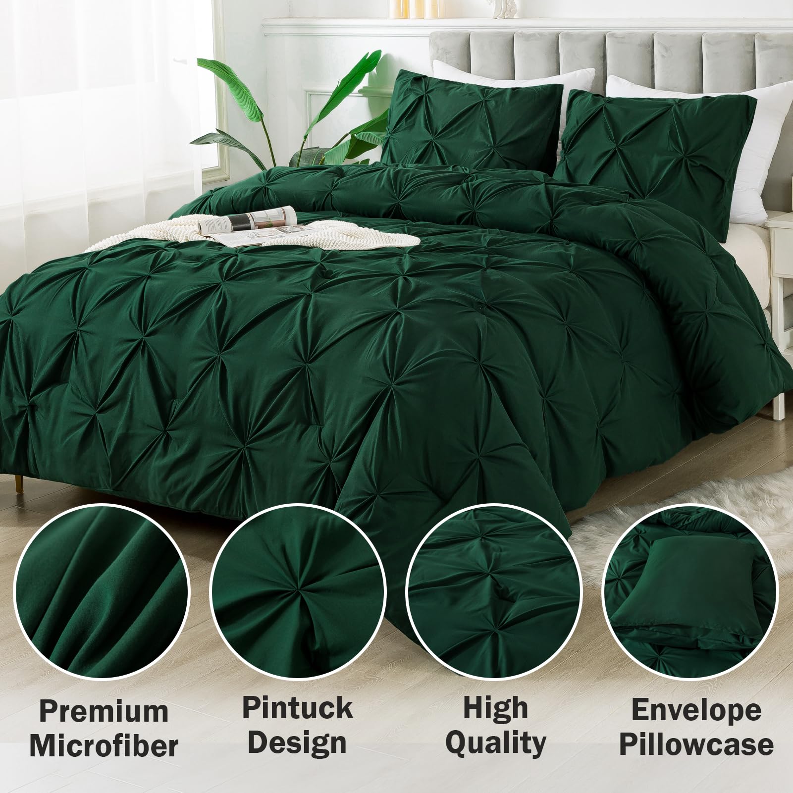 Andency California King Comforter Set Dark Green (104X96Inch), Pinch Pleat Cal King Comforter Set 3 Pieces, Oversized King Pintuck Bed Comforter, Microfiber Down Alternative Comforter Bedding Set