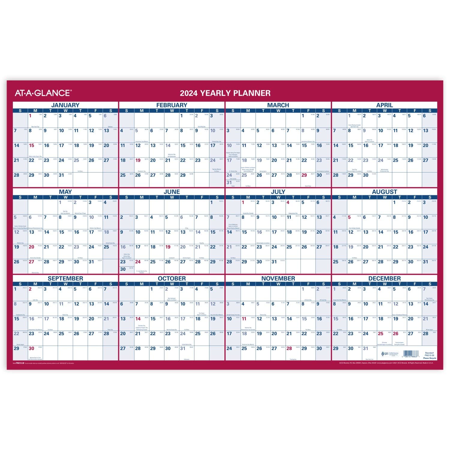At-A-Glance 2024 Wall Calendar, Monthly Planner, 24' X 36', Extra Large, Paper, Reversible, Vertical/Horizontal (Pm2122824)