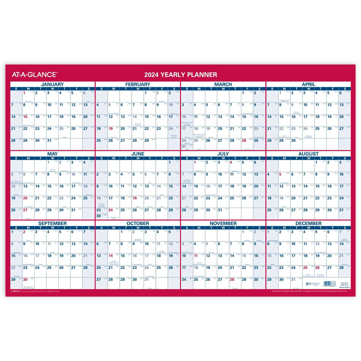 At-A-Glance 2024 Wall Calendar, Monthly Planner, 24' X 36', Extra Large, Paper, Reversible, Vertical/Horizontal (Pm2122824)