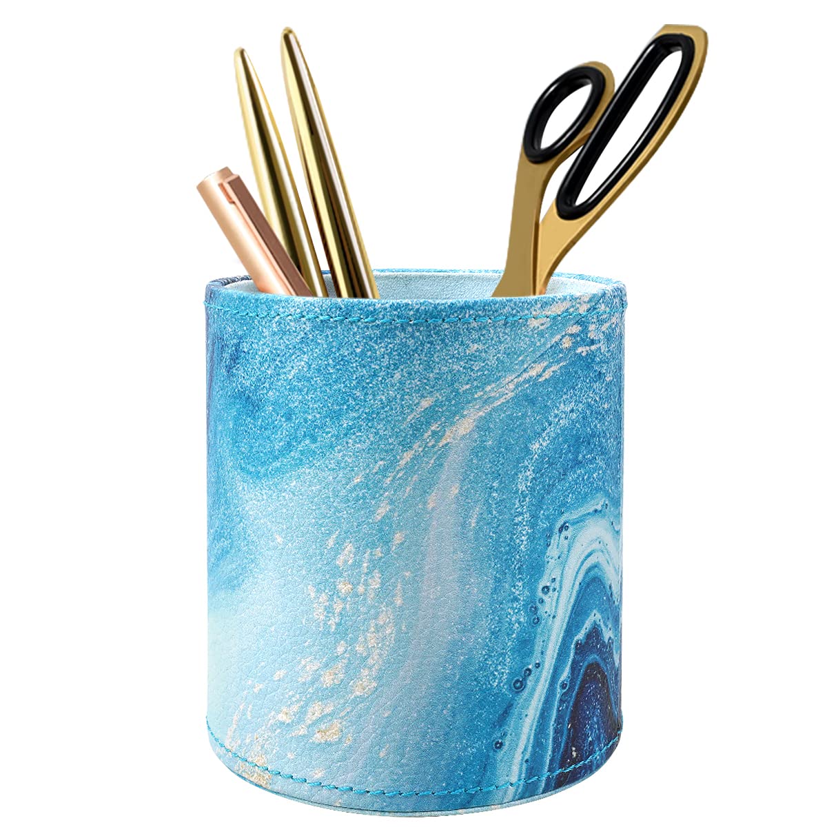 Waveyu Marble Pen Holder For Desk, Pencil Organizer Office Decor, Large Makeup Brush Holder Pu Leather Multi-Functional Organize