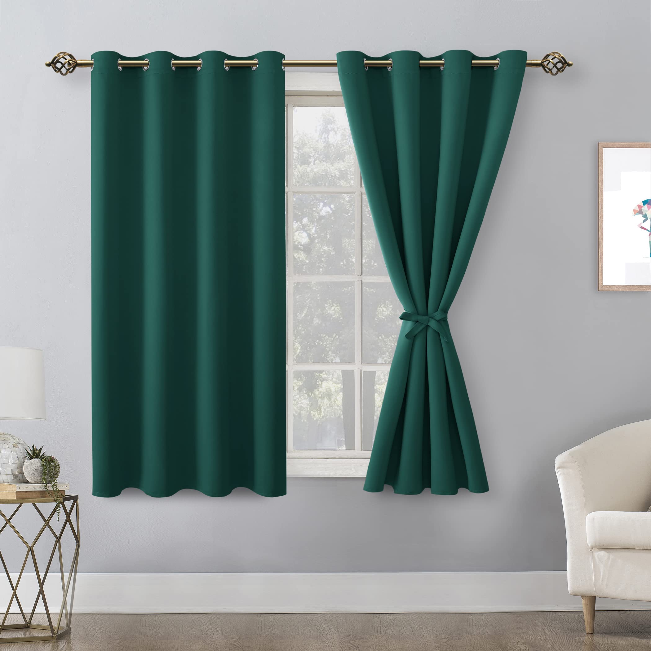 Hiasan Blackout Curtains For Bedroom, 52 X 54 Inches Long - Thermal Insulated & Energy Saving Window Curtains For Living Room, 2 Drape Panels Sewn With Tiebacks, Hunter Green