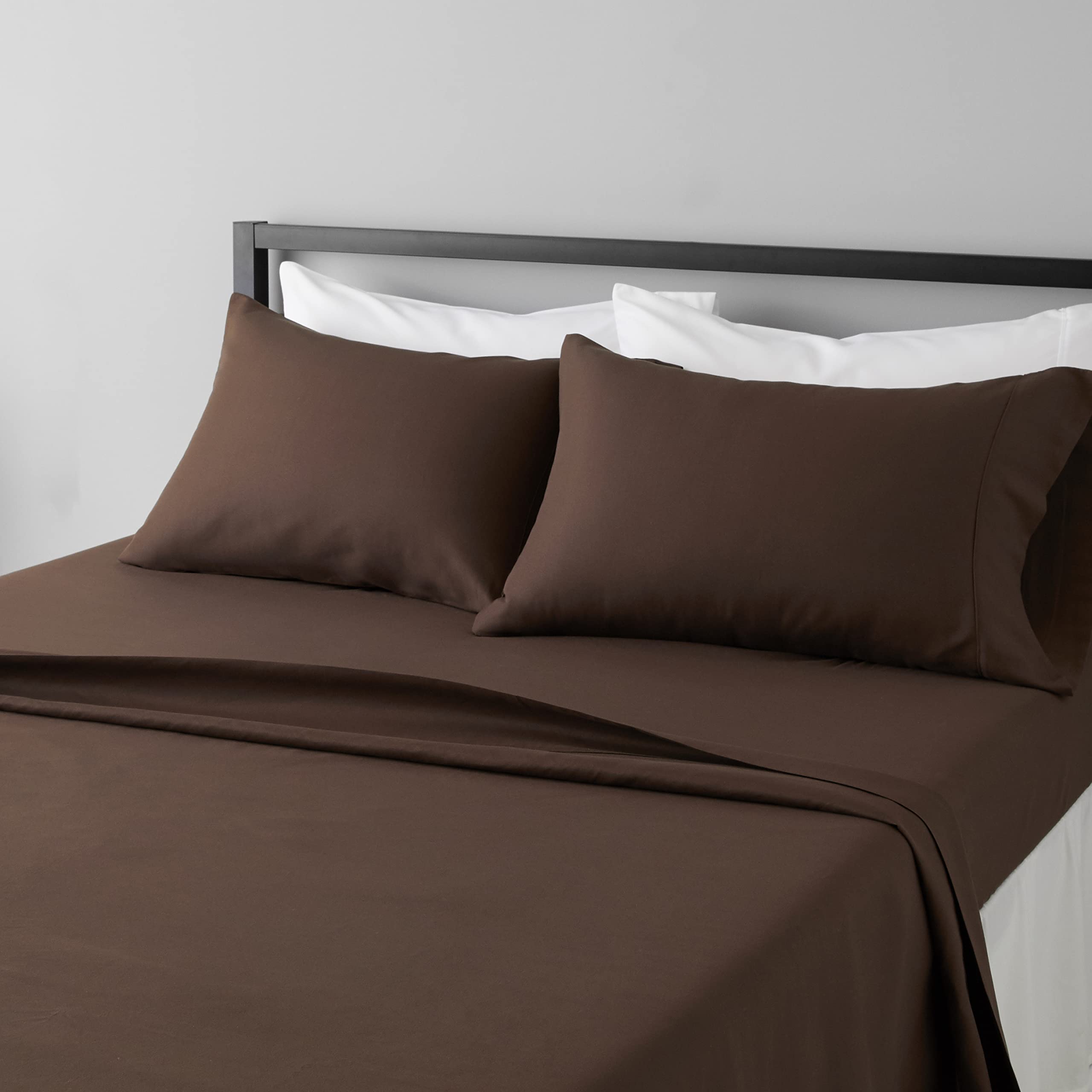 Amazon Basics Lightweight Super Soft Easy Care Microfiber 4-Piece Bed Sheet Set with 14-Inch Deep Pockets, Full, Chocolate, Soli