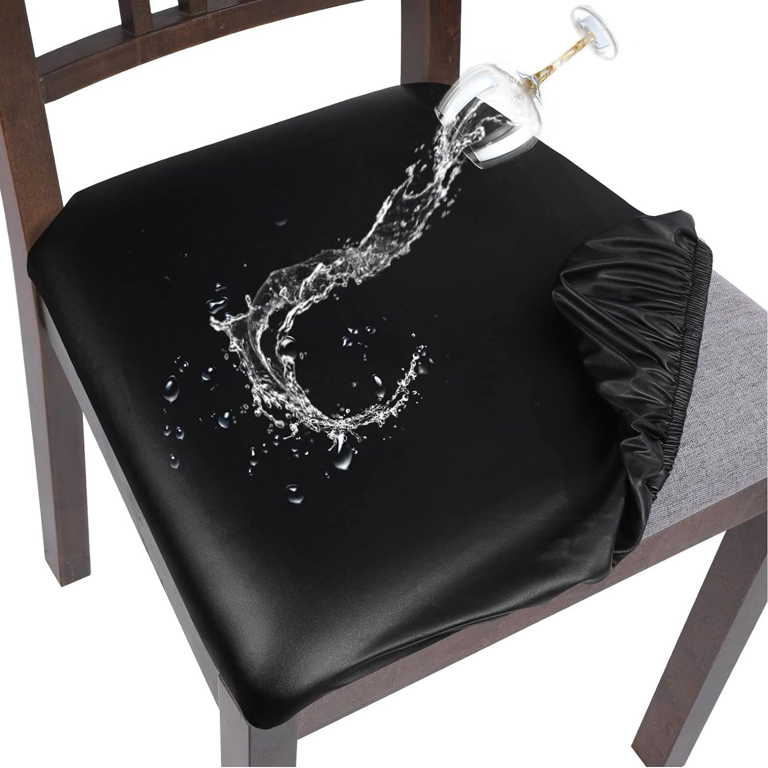 Searchi Waterproof Pu Leather Seat Covers For Dining Chairs, 2 Pack Stretch Dining Room Chair Seat Covers, Kitchen Chair Seat Covers Protectors (Black)