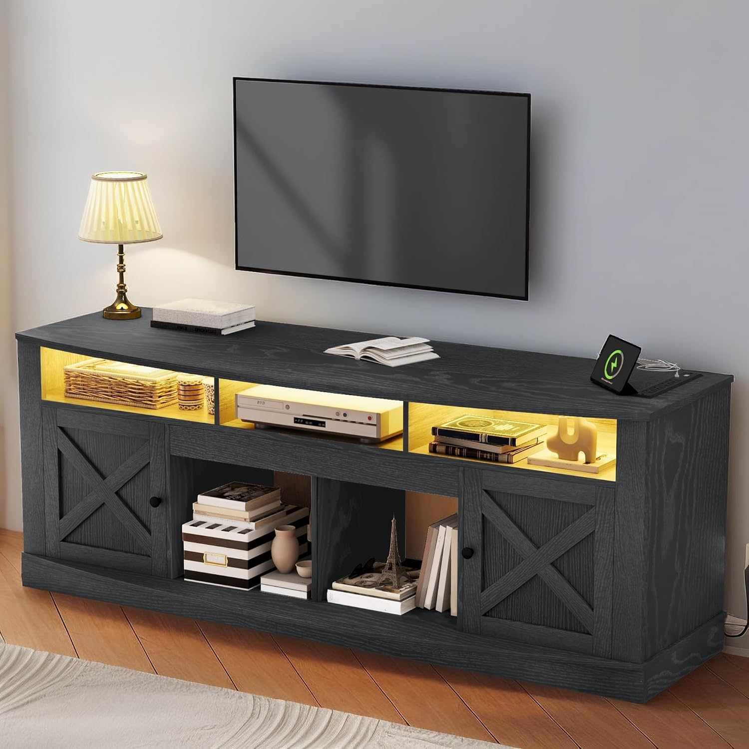 YITAHOME TV Stand for 75/80 Inch TV, Black Entertainment Center 70 Inches Wide, Media Furniture TV Table with with Power Outlet,