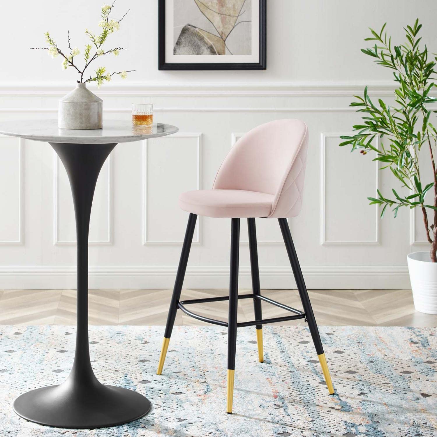 Modway Cordial Performance Velvet Dining Bar Stools in Pink - Set of 2