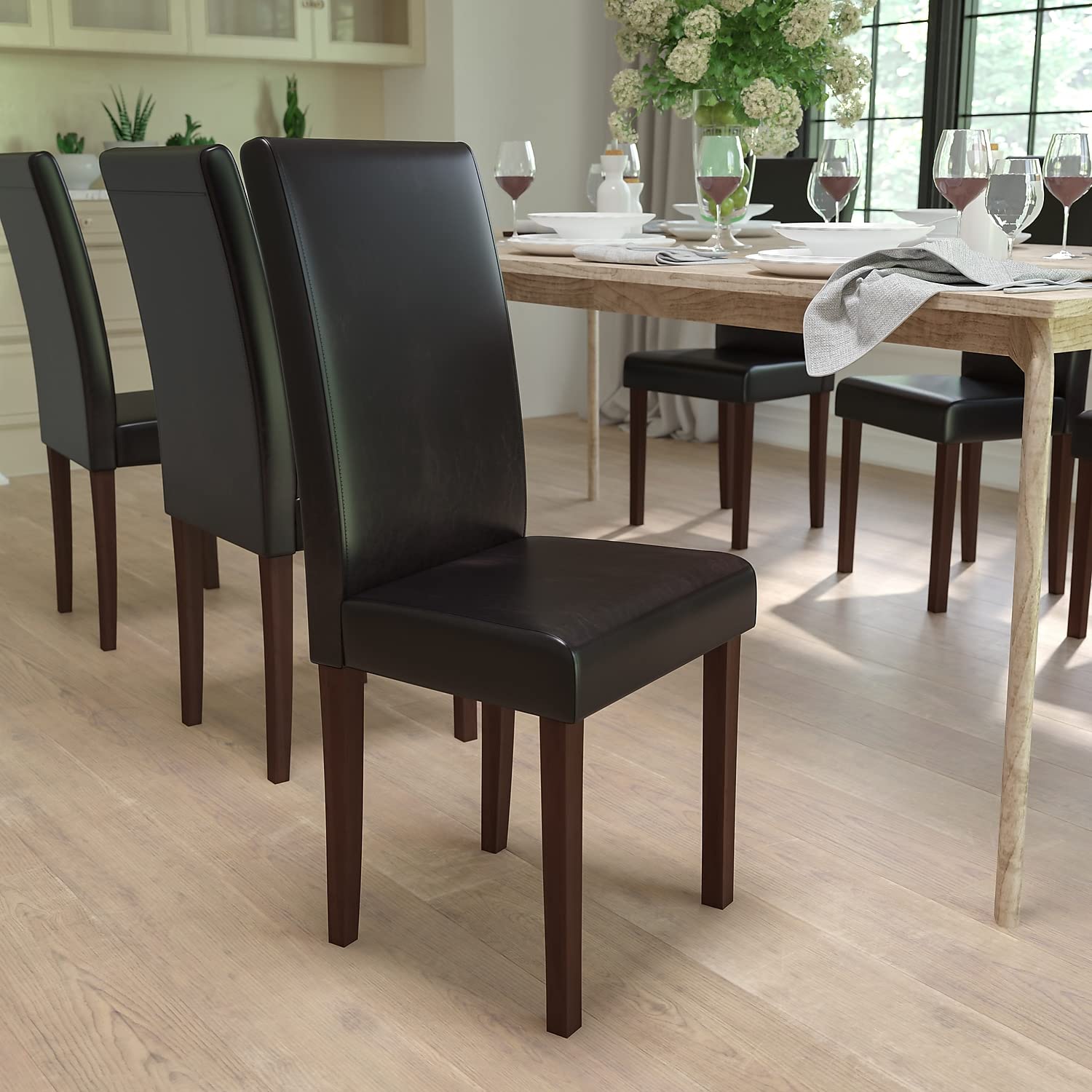 Flash Furniture Greenwich Series Brown LeatherSoft Upholstered Panel Back Mid-Century Parsons Dining Chair