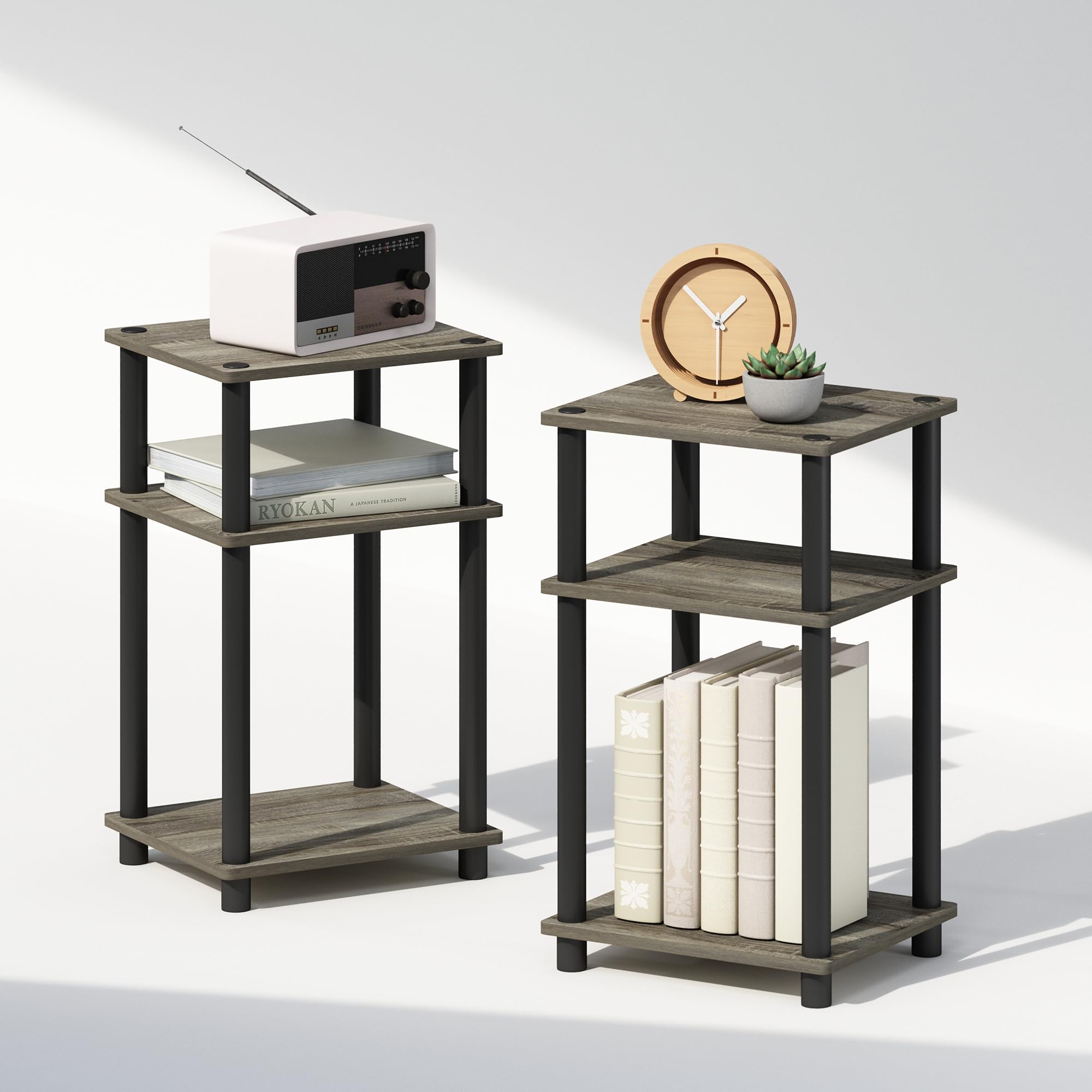 Furinno Just 3-Tier Turn-N-Tube Open Storage Nightstand, 2-Pack, Plastic Poles, French Oak/Black