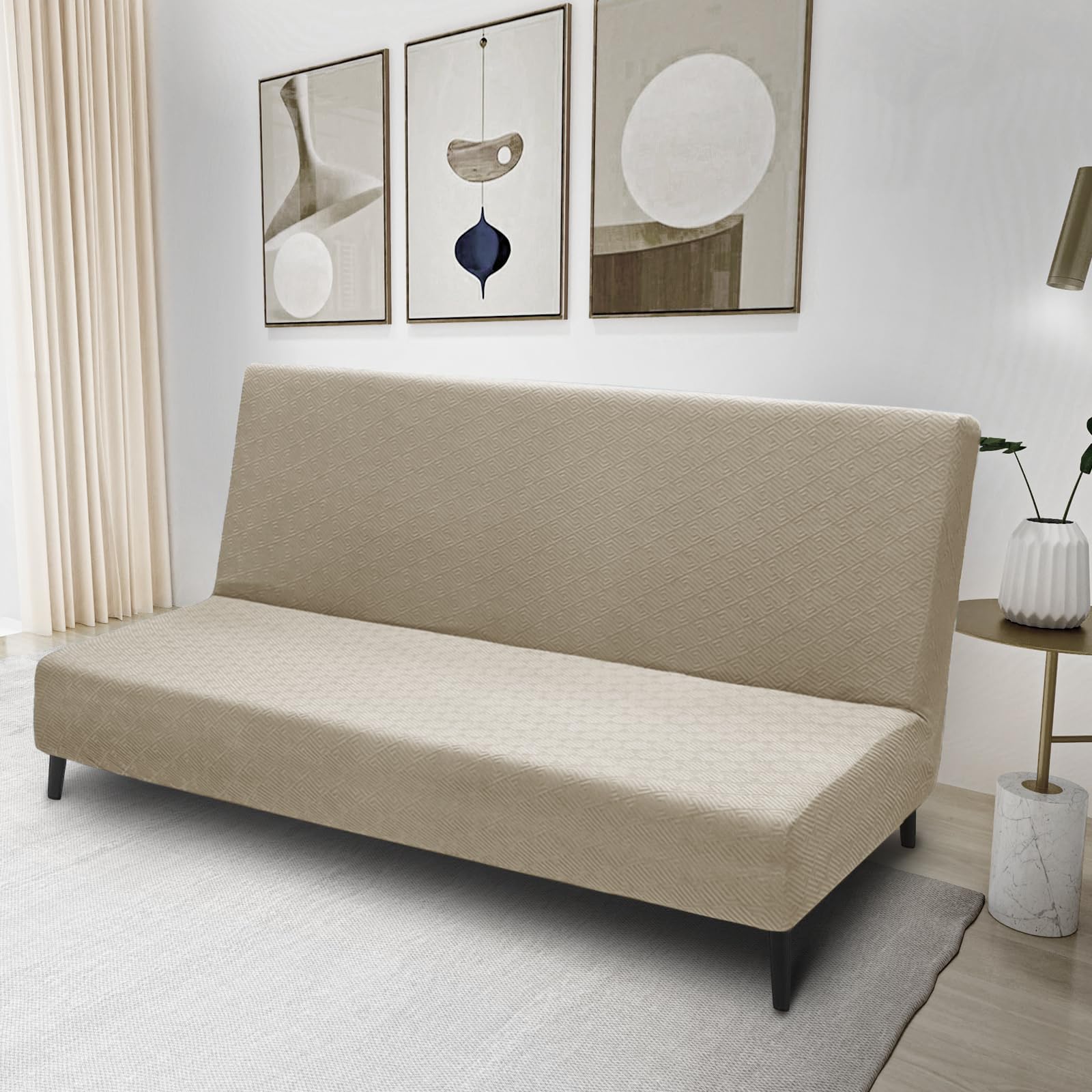 Znsayotx Armless Futon Covers Full Size (67'-82') Stretch Jacquard Sofa Bed Slipcovers, Striped Queen Futon Cover With Non-Slip Elastic Bottom, Soft Cozy Futon Mattress Cover Washable (Khaki)