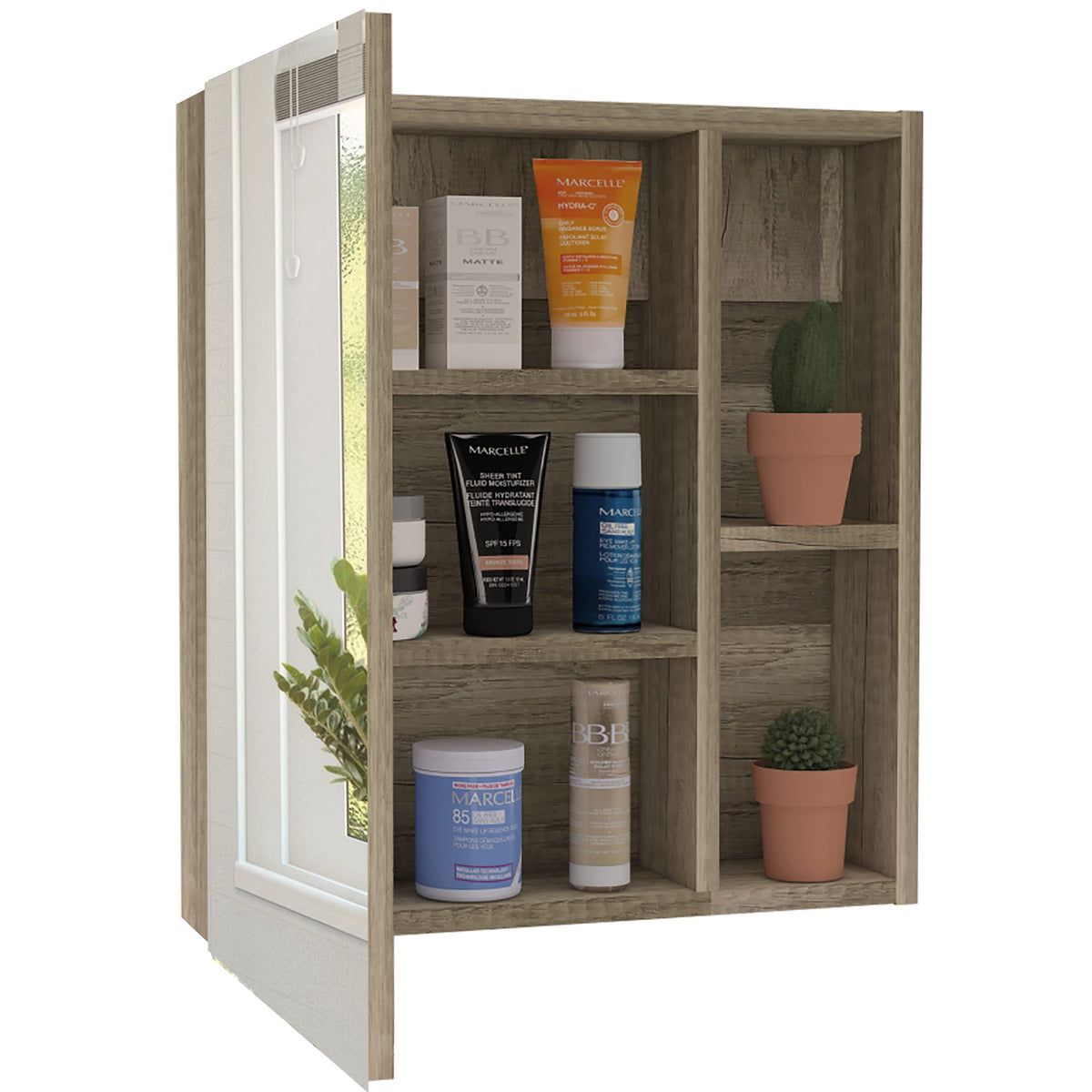 Medicine 19H Single Door Cabinet with Mirror, 5 Interior Shelves, Light Oak