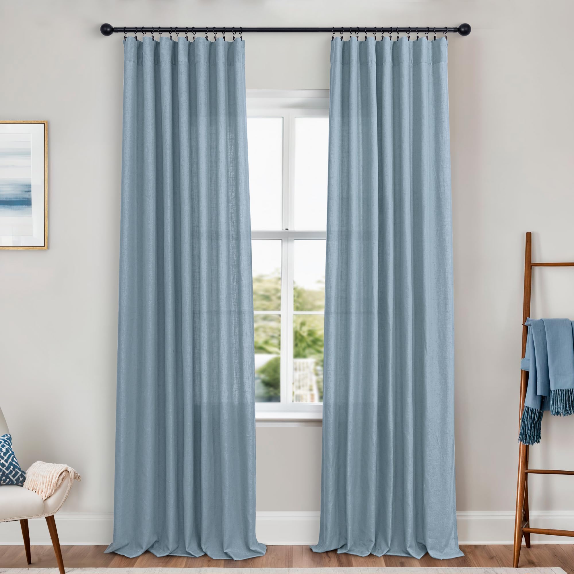Koufall Blue Curtains 96 Inches Long,Dusty Stone Blue Country Vintage Semi Sheer Linen Modern Style Curtains For For Living Room Bedroom 2 Panels Set