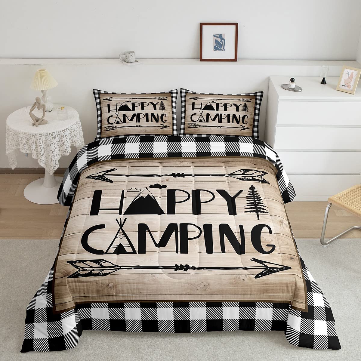 Manfei Happy Camping Trip Comforter Set Full,Rv Trailer Car Bedding Set 3Pcs For Kids Youths Boys Girls Room Decor,Arrow Plaid B