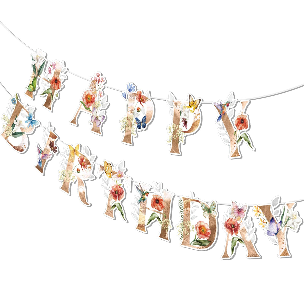 Flower Happy Birthday Banner, Vintage Wildflower Birthday Happy Birthday Sign Spring Flower Butterfly Party Decor Boho Hanging D