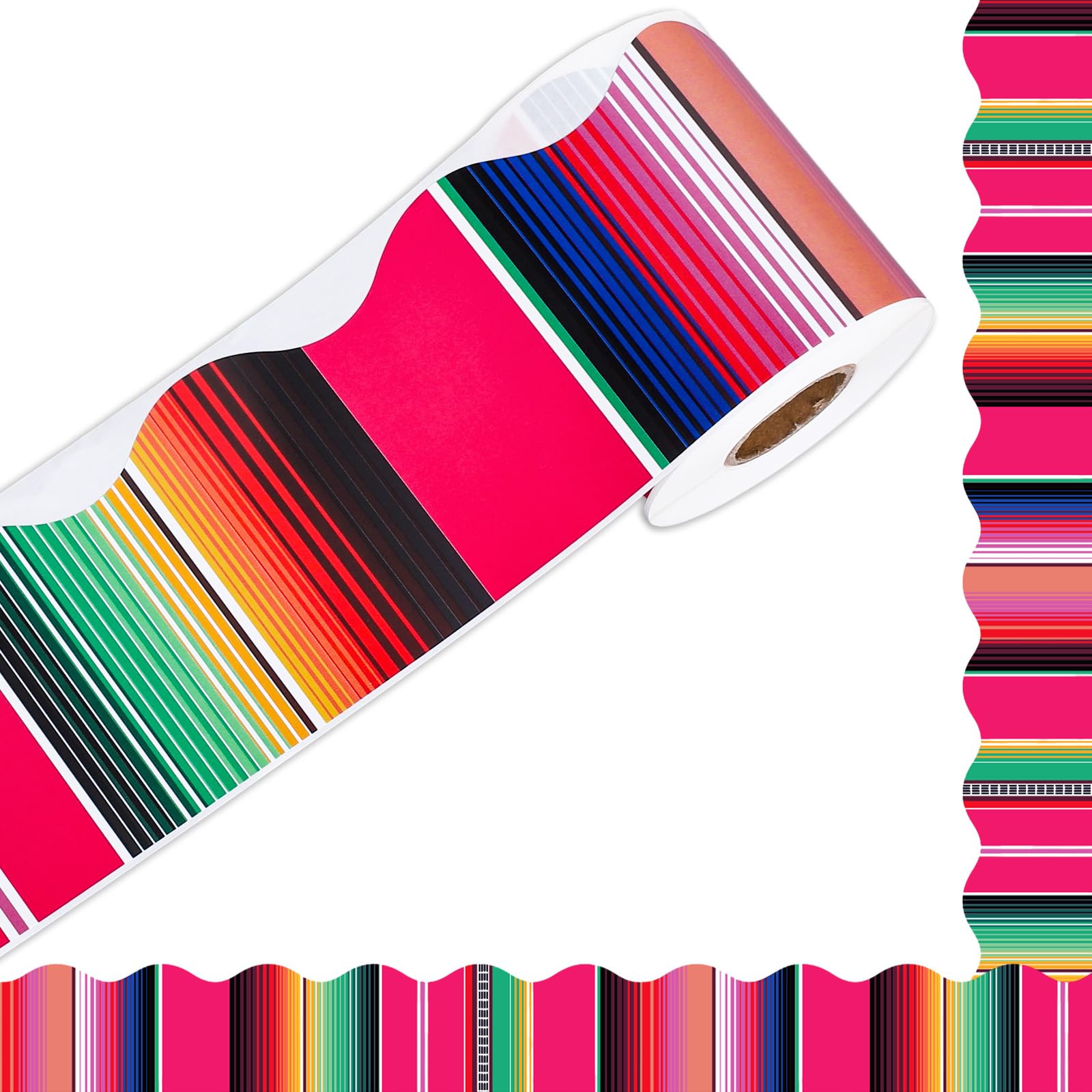 Whaline 65.6Ft Mexican Fiesta Bulletin Board Border Colorful Pink Stripes Scalloped Decor Border Trim Cinco De Mayo Diy Craft Bo