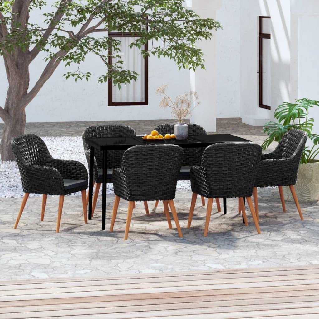 vidaXL 7-Piece Outdoor Patio Dining Set - Black Poly Rattan Construction with Cushions, Solid Acacia Wood, Glass Tabletop