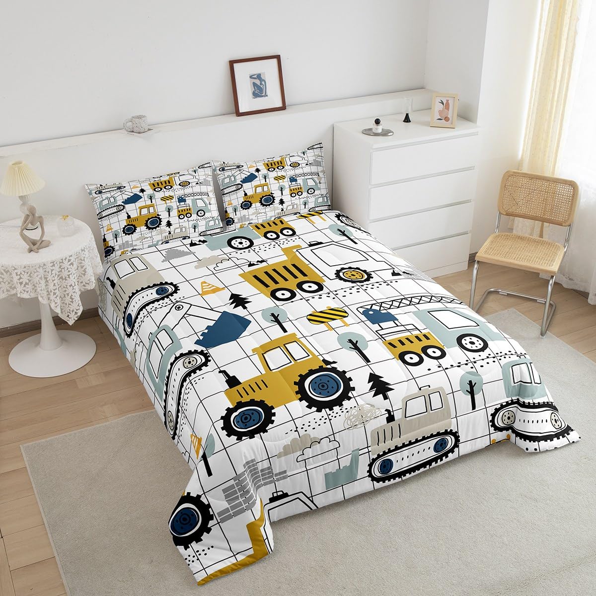 Feelyou Construction Comforter Set Queen Size Kids Excavator Tractor Toddler Comforter Cartoon Car Equipment Trucks Plaid Grid C