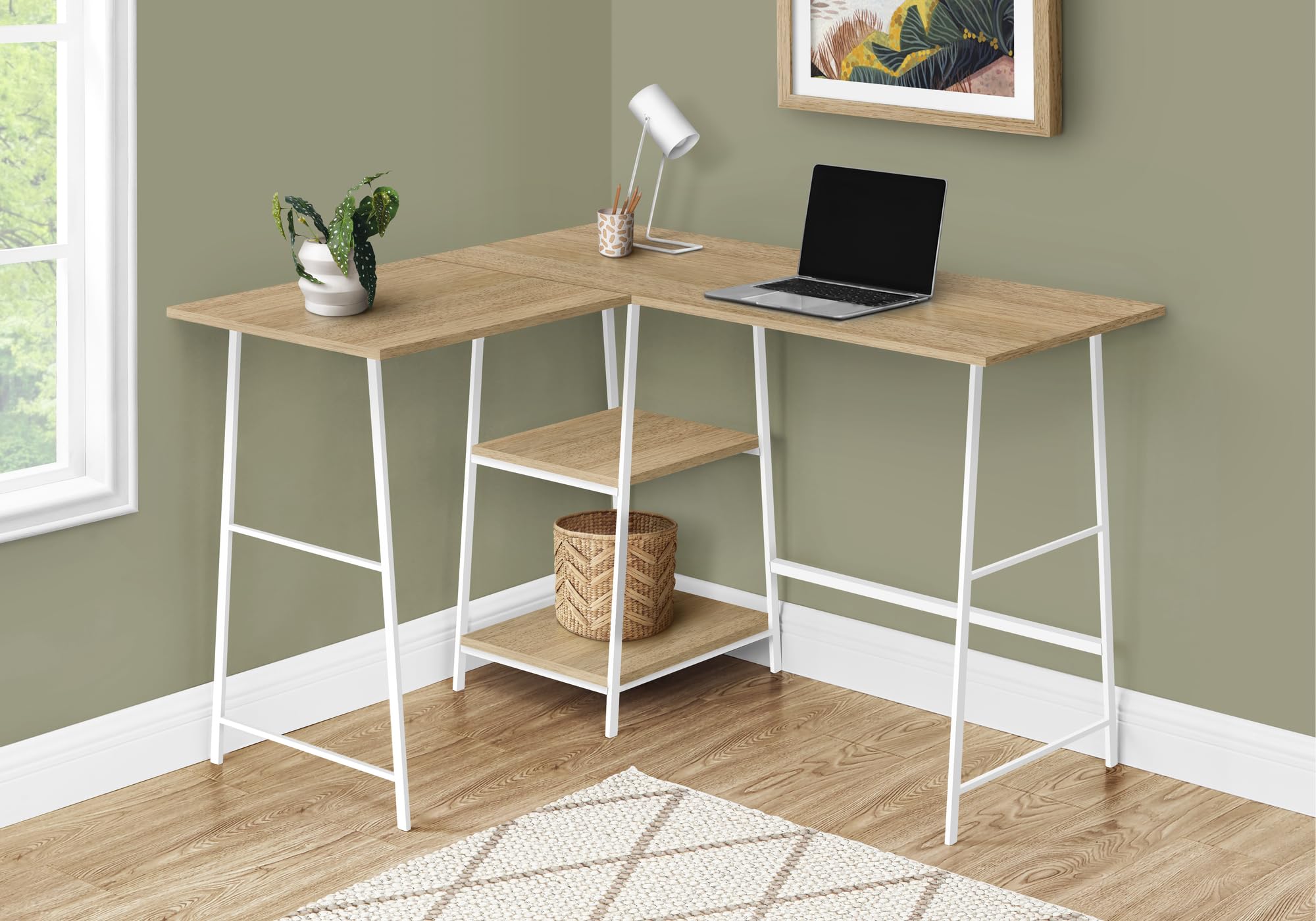Monarch Specialties 7597 Computer Desk, Home Office, Corner, Storage Shelves, 48' Shape, Work, Laptop, Metal, Laminate, Natural, White, Contemporary Desk-48 Top, 42' L x 47.25' W x 30' H