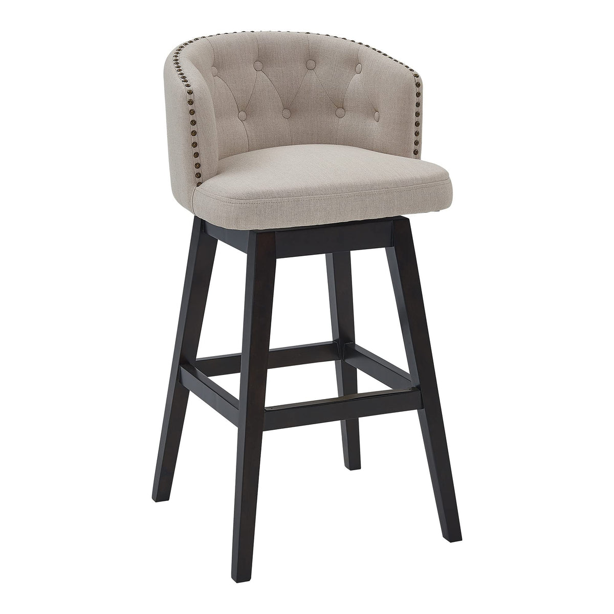 HomeRoots Wood, Foam, Fabric, Metal Turnplate/Kickplate 26&quot; Tan Tufted Fabric and Dark Espresso Wood Swivel Bar Stool