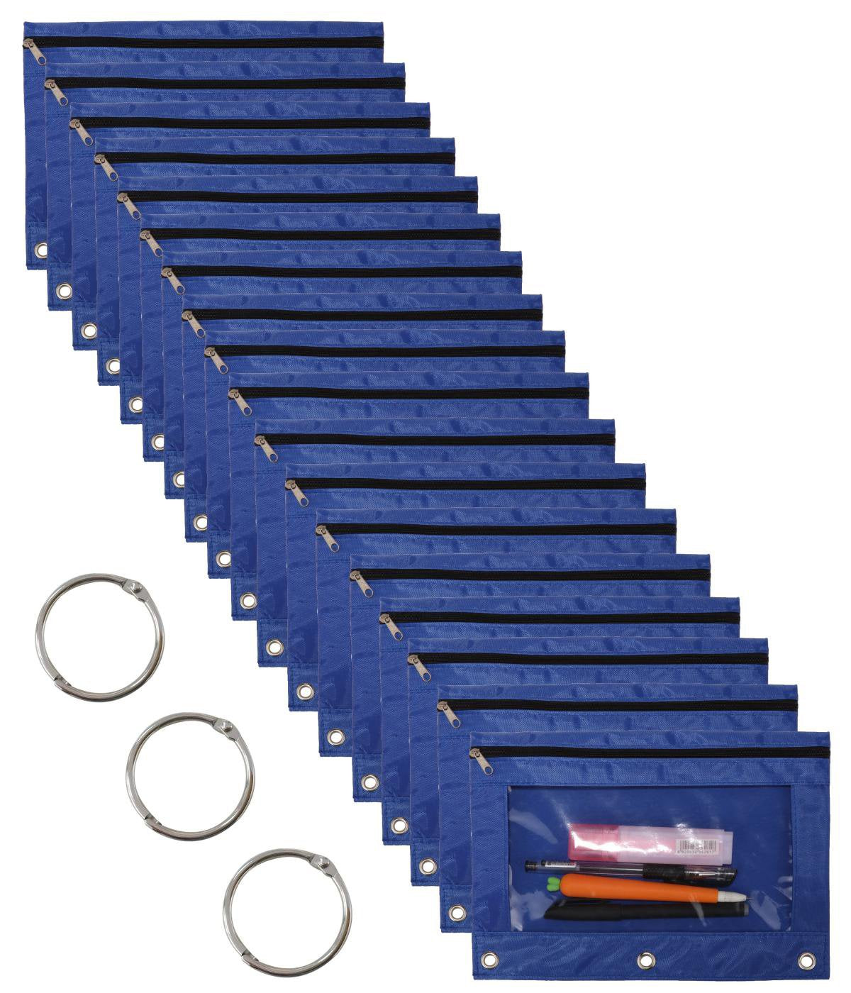 Wodison 18-Packs 3 Ring Pencil Pouch With Clear Window School Classroom Binder Pocket Case Office Stationery Bag Blue