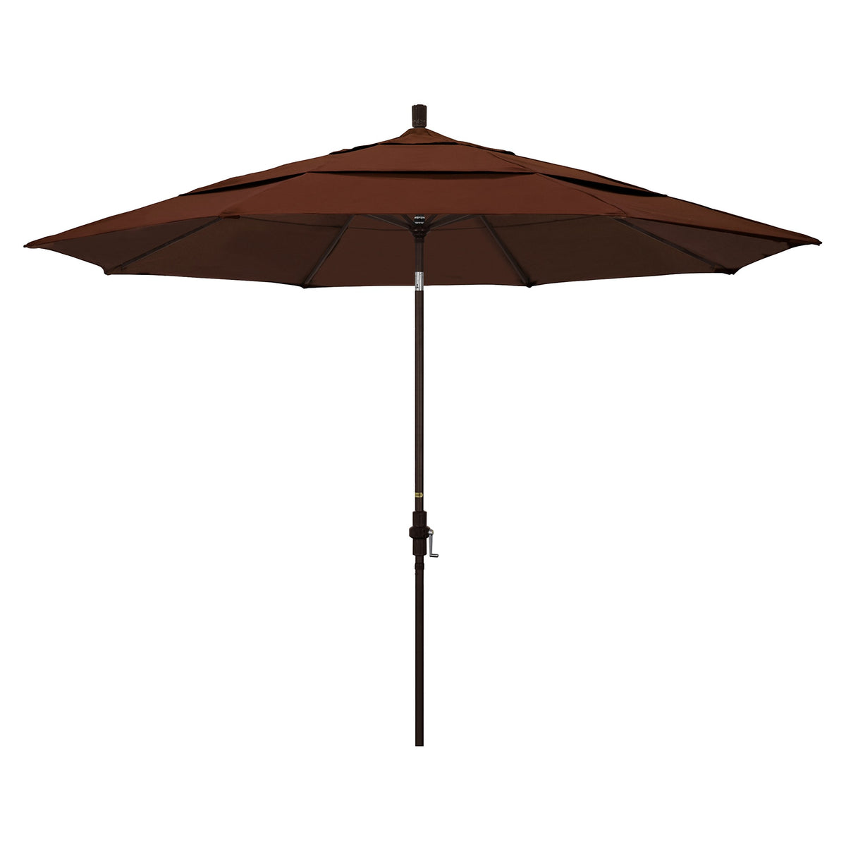 California Umbrella 11' Round Aluminum Market Umbrella, Crank Lift, Collar Tilt, Bronze Pole, Sunbrella Bay Brown