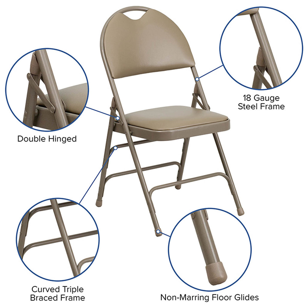 Flash Furniture Hercules Series Ultra-Premium Triple Braced Beige Vinyl Metal Folding Chair With Easy-Carry Handle