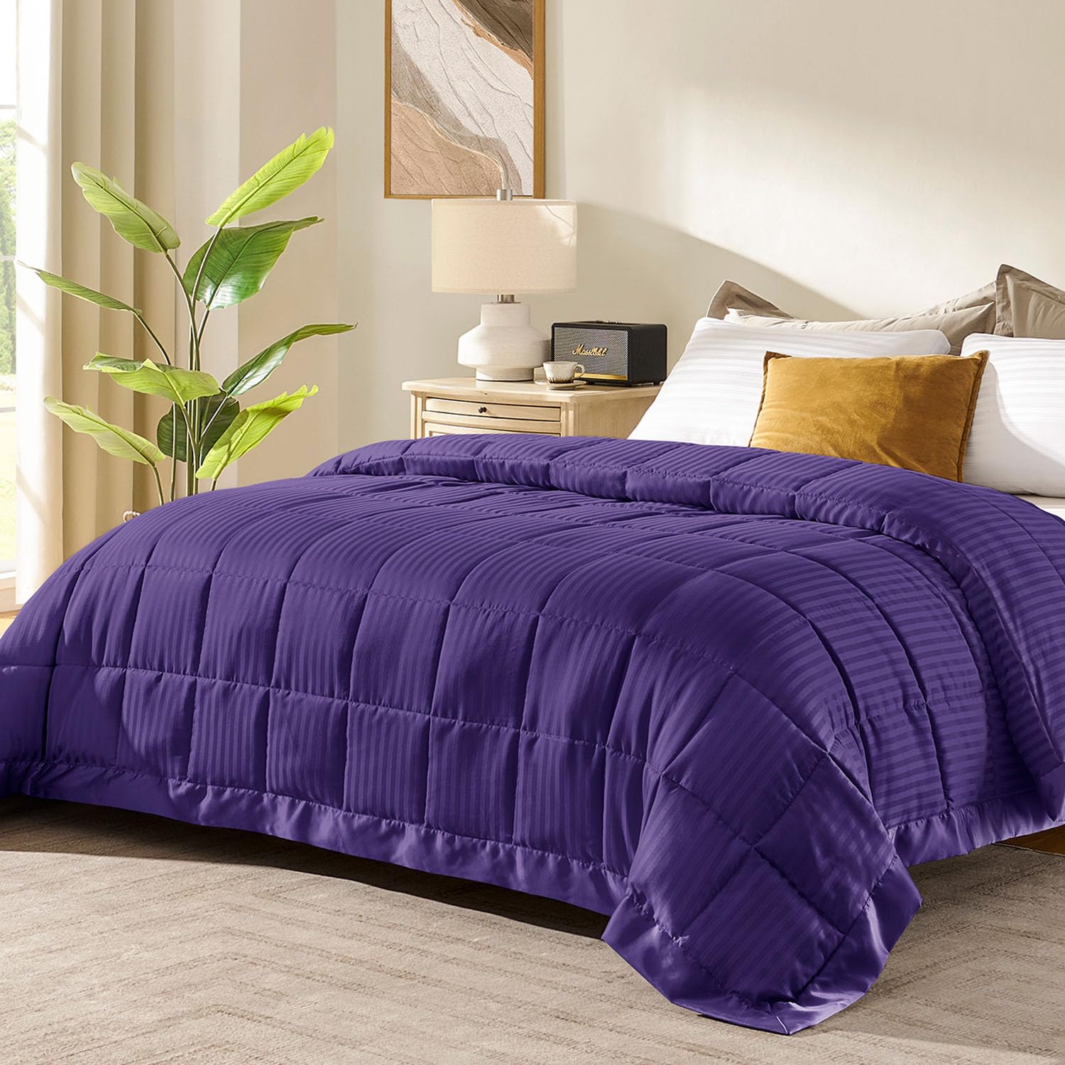 Downluxe King Size Blanket With Satin Trim, Lightweight Down Alternative King Blanket For All Season, Machine Washable (Purple,