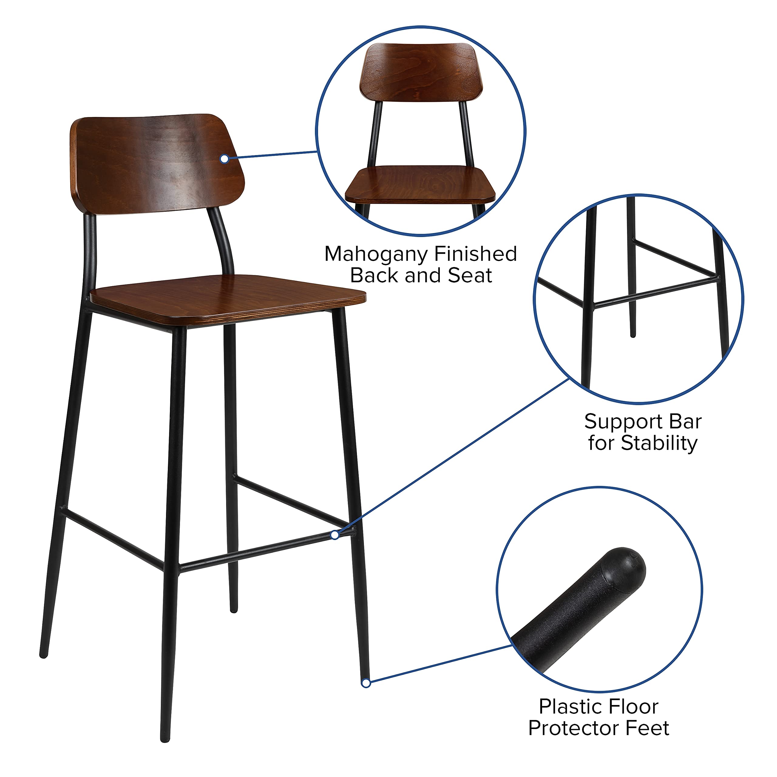 Flash Furniture Lincoln Industrial Barstool With Gunmetal Steel Frame And Rustic Wood Seat