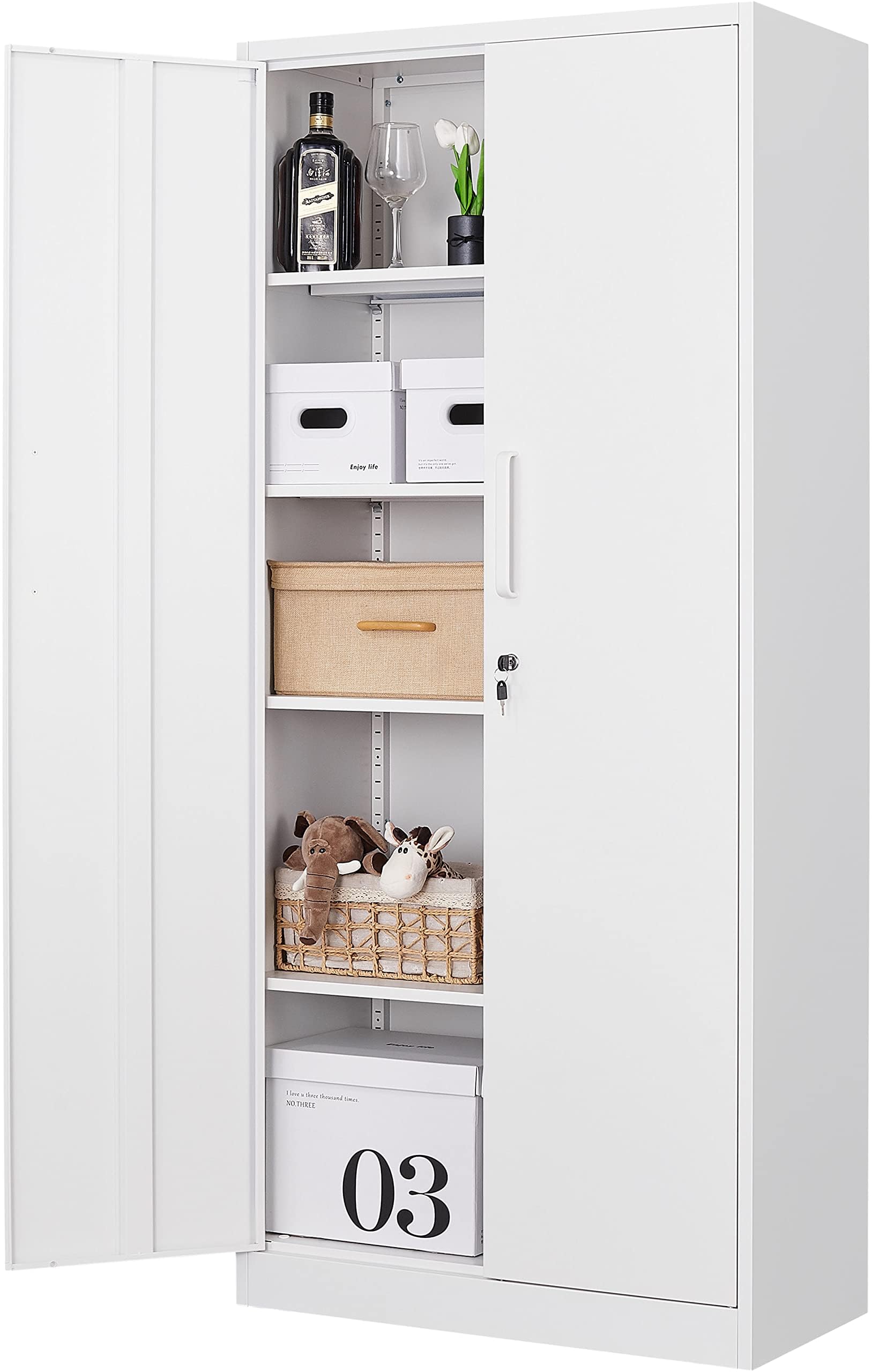 Fesbos Metal Storage Cabinet-71    Tall Steel File Cabinets with Lockable Doors and Adjustable Shelves-White Steel Storage Cabin