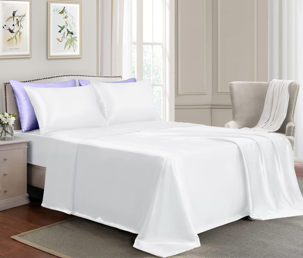 Golal Satin Sheets Full Size - 4 Pieces Luxury Silky Soft Bed Sheets, Wrinkle-Free White Satin Silk Sheet Set With 1 Deep Pocket